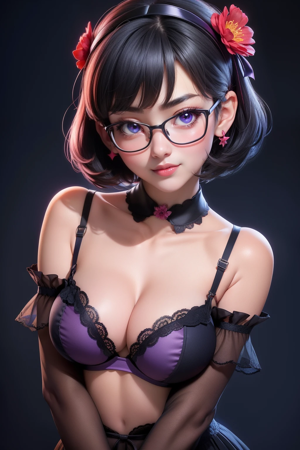 1girl, cute japanese girl, big eyes, sensual face, seductive smile, solo, short hair, erotic underwear, black color bra, detailed flower motive on bra, flower headband, collar, collarbone, red sensual lips, off shoulder, perfect round breast, small breast, cleavage, underboobs, erotic, nsfw, glasses, blush, seductive smile, cute face, looking at viewer, sexy pose, blue background, dark black hair, simple background, sexy pose, glowing purple eyes, lips, closed mouth, ribbon, hair ribbon, stellar earings, bangs, upper body, parted bangs, red ribbon