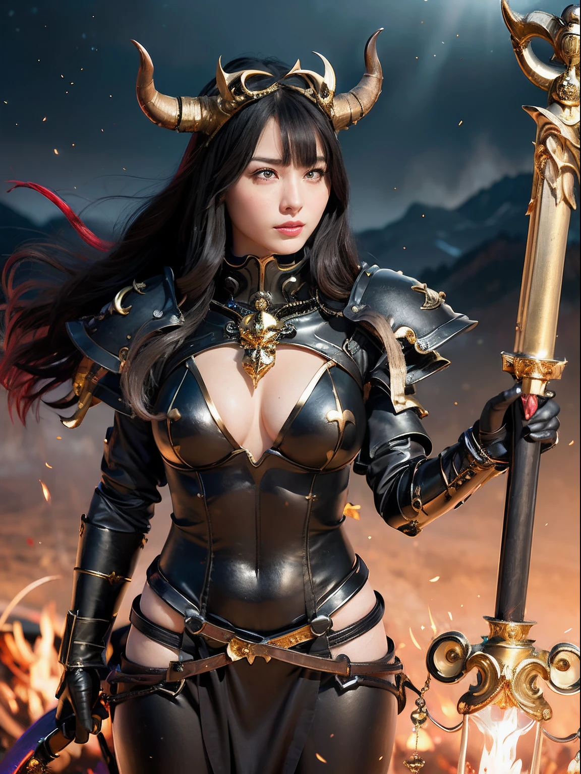 Professional , masterpiece、top-quality、photos realistic , depth of fields 、(A dark-haired) 、(Gemstone White Metal Body:1.9),(Matte Black、Jewel Gold Weapon(Jewel Metal Body:1.4),Gorgeous metal weapons ,Particles of light、(Black wings)、(( Detailed and gorgeous sword of the brave)) ,Light Effects、intense fighting、Wind-effect、magic circles、 (A dark-haired) ,warhammer 40k ,Detail and ornate jewel crown、With the legendary magic wand、Dragon's tail、explosions、((Micro Bikini Armor))、((Gangle's forest background))、Beautiful Caucasian beauty、1a person、dynamic ungle,(((Details of the two demon horns on the head)))、Smaller head、A smile、Background inside the castle、Thin and beautiful female hands、cleavage of the breast、Soldier in iron armor on background、Mystical expression、Light Effects、Wind-effect、With the legendary magic wand、(wingspan)、Toostock、Anatomically correct body、