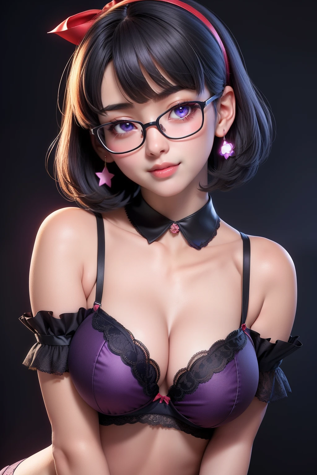 1girl, cute japanese girl, big eyes, sensual face, seductive smile, solo, short hair, erotic underwear, black color bra, detailed flower motive on bra, flower headband, collar, collarbone, red sensual lips, off shoulder, perfect round breast, small breast, cleavage, underboobs, erotic, nsfw, glasses, blush, seductive smile, cute face, looking at viewer, sexy pose, blue background, dark black hair, simple background, sexy pose, glowing purple eyes, lips, closed mouth, ribbon, hair ribbon, stellar earings, bangs, upper body, parted bangs, red ribbon