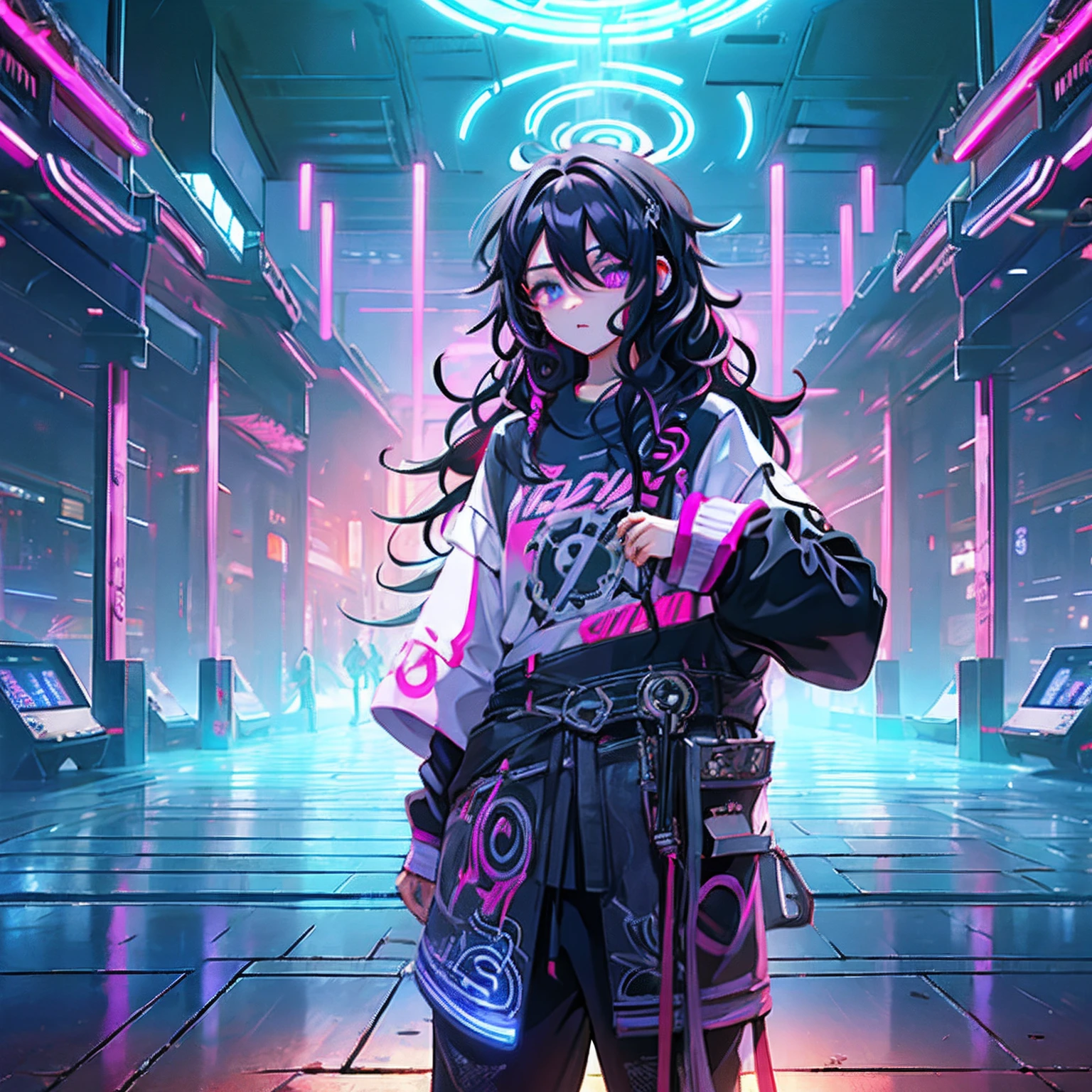 Menina anime branca usando fones de ouvido pretos com asas de abelha com luzes led rgb, Medium-sized curly black wavy hair, sardas, covinhas, Purple eyes, Oversized black sweatshirt with cool design pattern, large eyelashes, DJ gamer menina, estilo phonk com detalhes em neon em torno futurista, asas de abelha em cada lado do fone de ouvido, rosto fechado para cima, foco no rosto, fomes de ouvidos bluetooth