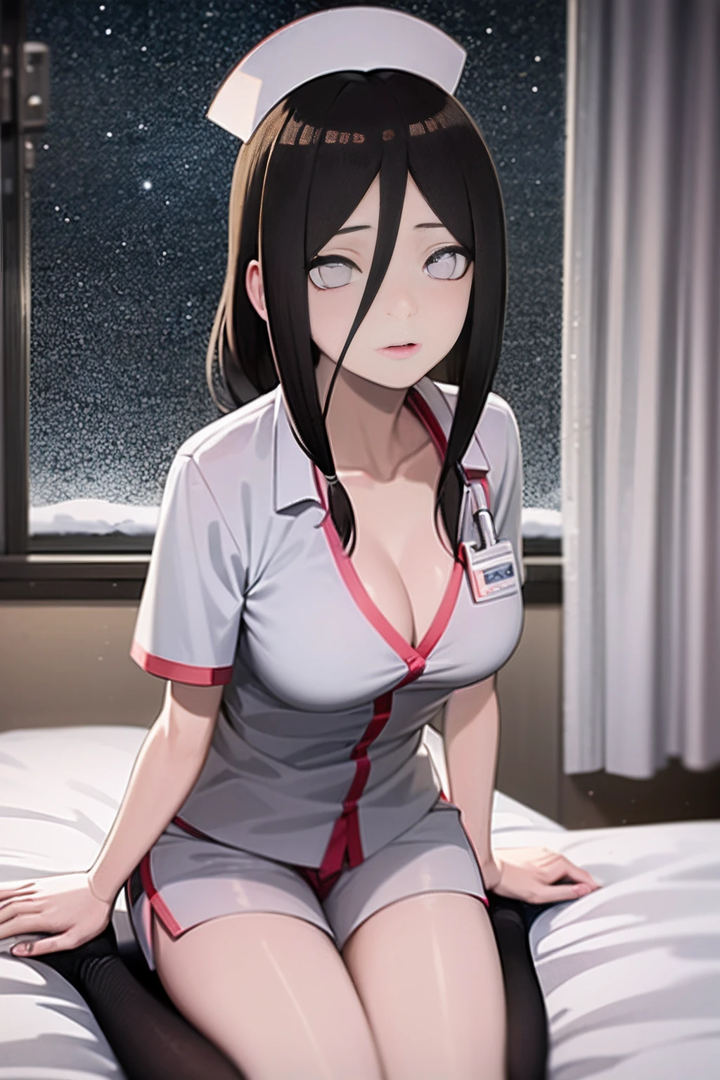 Masterpiece, Highly detailed, Best quality, 超高分辨率, 1girll, Solo, （Snow outside the window，By the fire，perspire，Be red in the face），(Medium breasts), Breasts, (Hana than Hinata:1), （In a hospital，hospital bed），(Nurse's uniform，Ultra shorts，sit on a bed，Kneeling，围巾), cleavage, From the front side，Sat down，Black eyes，White eyes white