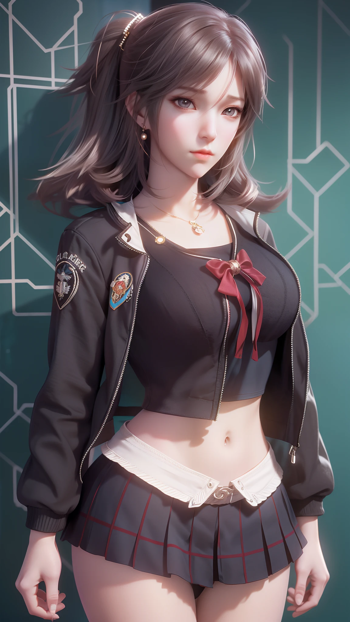 There was a woman in a jacket，jacket open，bud，((and wear no underwear)), No underwear,Medium large breasts，a character portrait inspired by senior character artist, Trend of CGsociety, Digital art, Surrealism female students, Realistic schoolgirl, photorealistic anime girl rendering, no underwares，bud，Smooth anime CG art