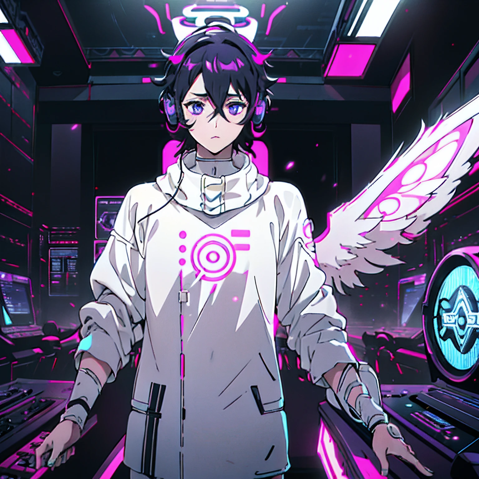 White anime boy wearing black headphones,With bee wings and RGB LED light, Medium black curly hair, freckle, dimple, Purple eyes, Oversized black sweatshirt,Cool design pattern, Large eyelashes, DJ games for girls, Phonk style The body is a cyborg structure,Neon details revolve around futuristic, Bee wings on both sides of the headphones, The face closes upwards