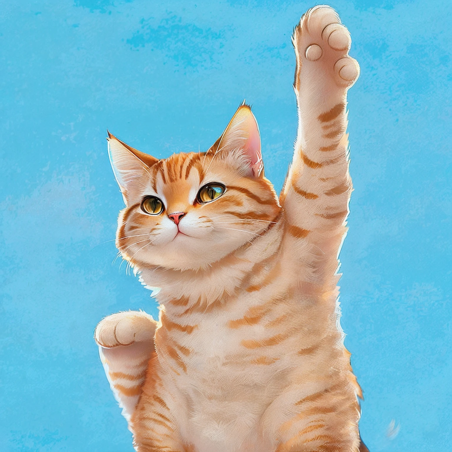Draw a cat with its hand reaching out to catch the ball, illustration of a cat, ginger cat, A painting of a cat, ginger cat in mid action, anime visual of a cute cat, painting of a cat, neko, in a painting of a cat, author:Tessei Tomioka, portrait of garfield, anthropomorphic cat, cat. Digital painting,3Drenderingof,highly accurate,Cinematic texture,exquisite detailing,
