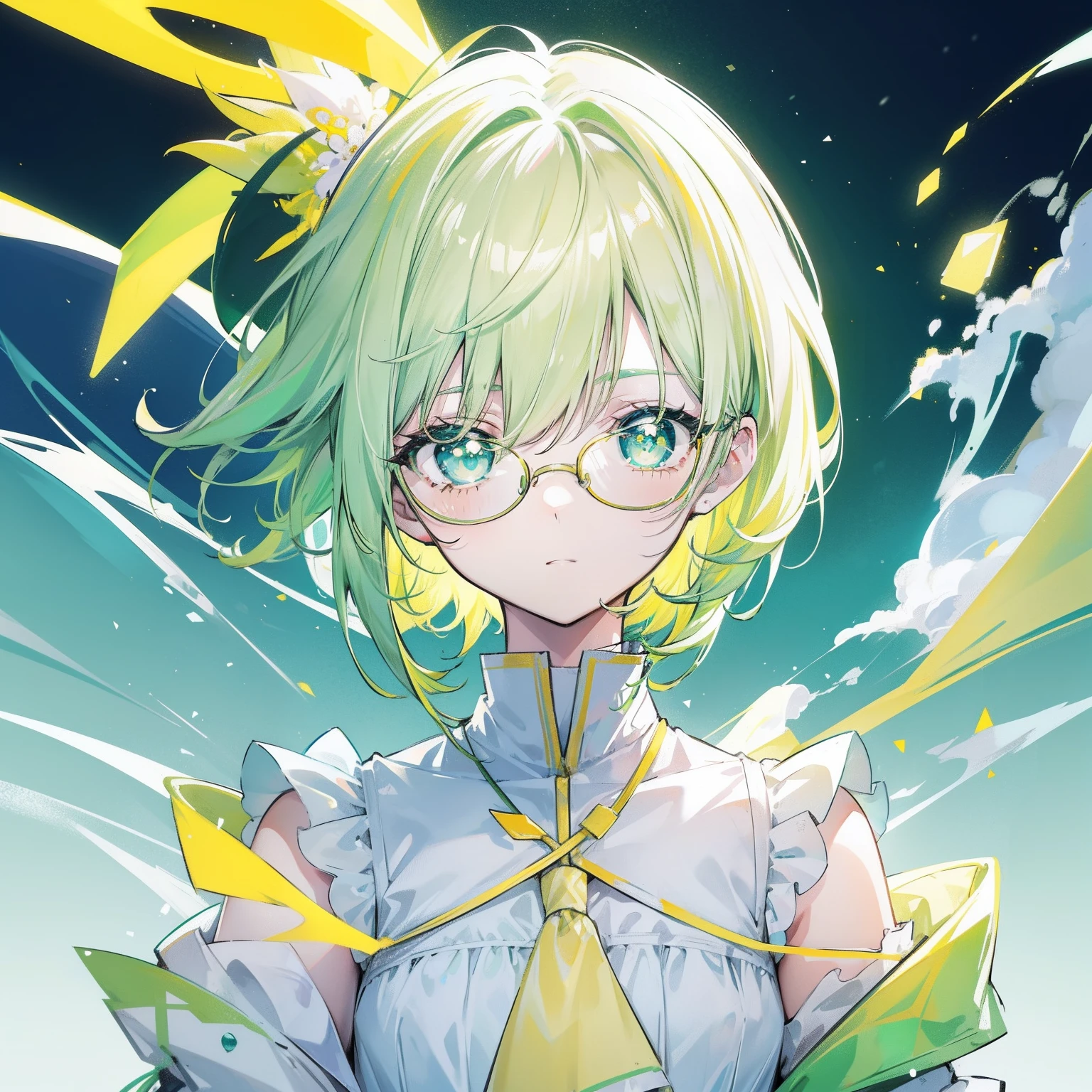 pastel green,short yellow hair,Fluorescent milky white,Blue-yellow pupils,Black thin-rimmed glasses,Yellow, Green and white clothes,Super nice looking, Especially cute and cute childish loli