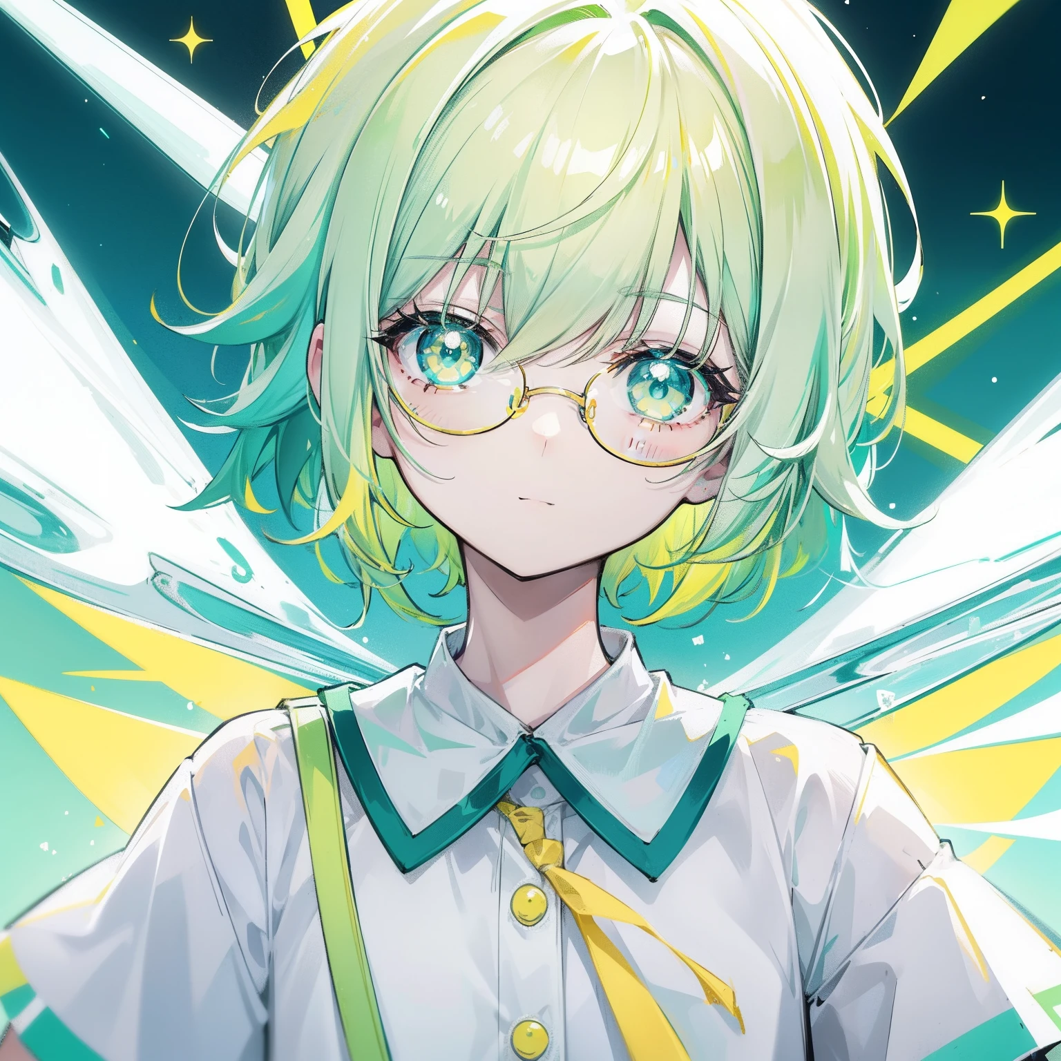 pastel green,short yellow hair,Fluorescent milky white,Blue-yellow pupils,Black thin-rimmed glasses,Yellow, Green and white clothes,Super nice looking, Especially cute and cute childish loli