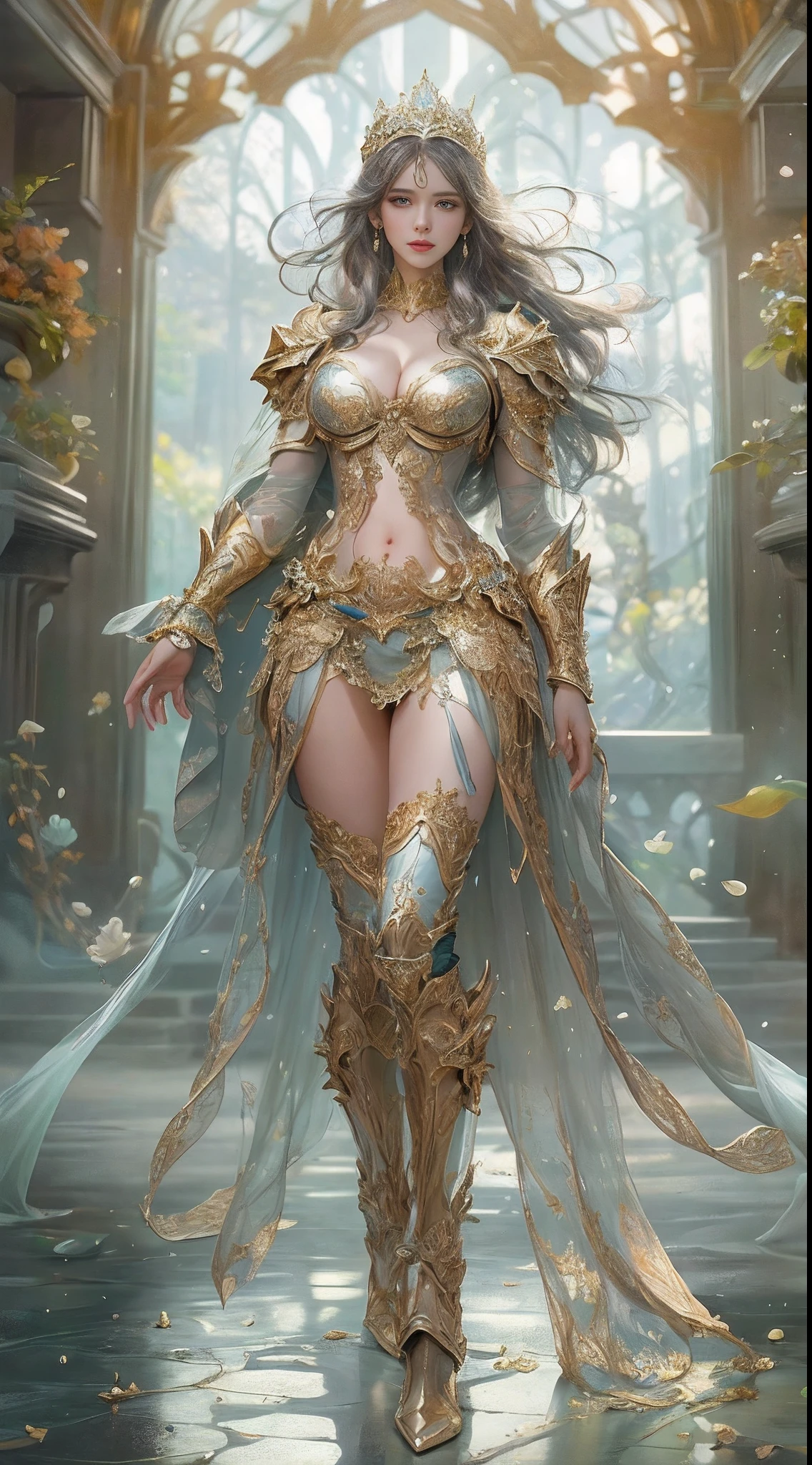 Woman in a golden transparent dress,view the viewer,(((Huge breasts, Large cleavage))),Slim waist,(navel baring,Bare waist), Long hair, Ultra-detailed details,High-end Zhenyi station, Rainstorm site, detailed fantasy art, Stunning character art, Beautiful and exquisite character art, Beautiful gold and silver armor, Extremely detailed, Girl in shiny armor, Exquisite tiaras and jewelry,Crystal jewelry filigree, milky ways, Stunning visuals, (dynamic streaks, light tracks:1.2), Vibrant colors,