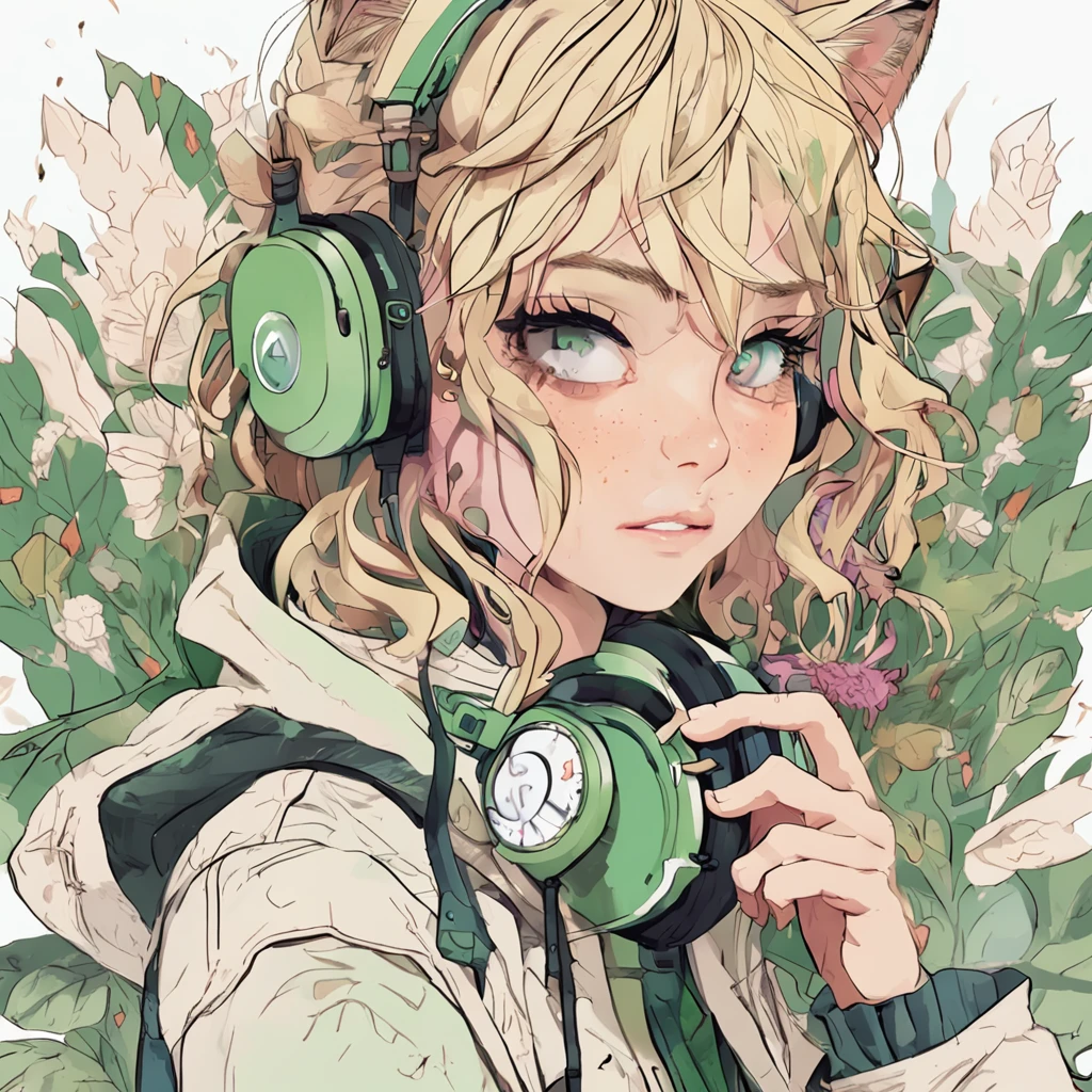 Perfect centering, Cute cat, Wearing a jacket,Blonde gradient hair,With a round face,in green,florals,pentacle,Watches,, Wearing headphones, cheerfulness, Standing position, Abstract beauty, Centered, Looking at the camera, Facing the camera, Approaching perfection, Dynamic, Highly detailed, Smooth, Sharp Focus, 8K, hight resolution, Illustration, art by carne griffiths and wadim kashin, White background