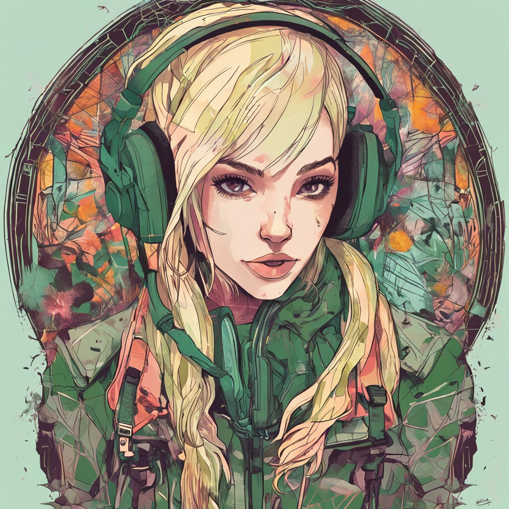 Perfect centering, Cute cat, Wearing a jacket，Blonde gradient hair，With a round face，in green，florals，pentacle，Watches，, Wearing headphones, cheerfulness, Standing position, Abstract beauty, Centered, Looking at the camera, Facing the camera, Approaching perfection, Dynamic, Highly detailed, Smooth, Sharp Focus, 8K, hight resolution, Illustration, art by carne griffiths and wadim kashin, White background