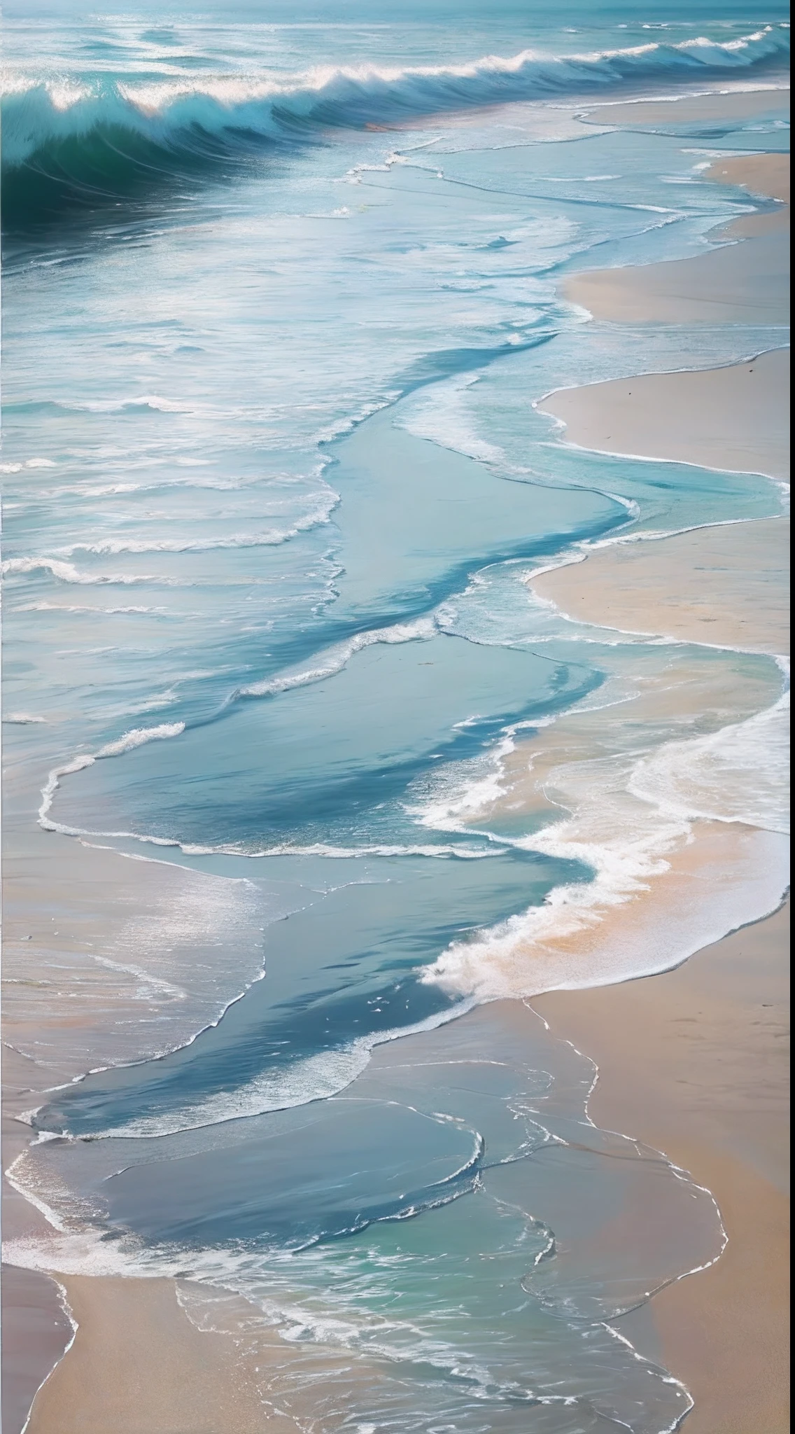 An empty beach with gentle waves lapping at the coastline, sunlight shining through the clouds and creating a bright spot on the sea surface. In the distance, synthetic seafood can be seen, with regular shapes and monotonous colors. Real seafood has become scarce and almost disappeared from people's memories, ,in the style of the stars art group xing xing, 32k, best quality, masterpiece, super detail, high details