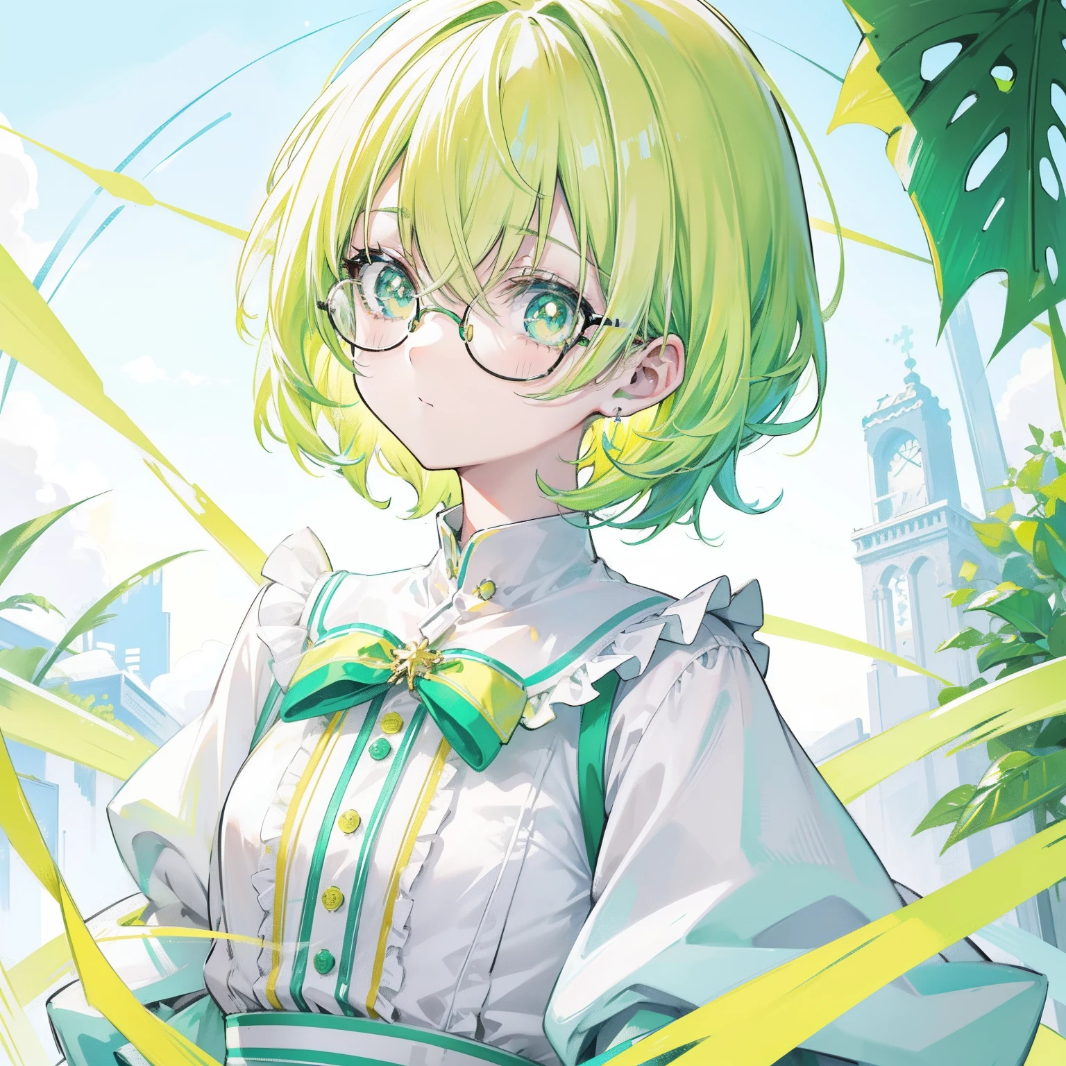 pastel green，short yellow hair，Fluorescent milky white，Blue-yellow pupils，Black thin-rimmed glasses，Yellow, Green and white clothes，Super nice looking, Especially cute and cute ish loli