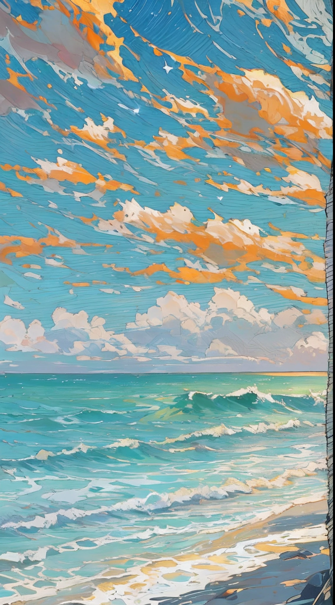 An empty beach with gentle waves lapping at the coastline, sunlight shining through the clouds and creating a bright spot on the sea surface. In the distance, synthetic seafood can be seen, with regular shapes and monotonous colors. Real seafood has become scarce and almost disappeared from people's memories, ,in the style of the stars art group xing xing, 32k, best quality, masterpiece, super detail, high details