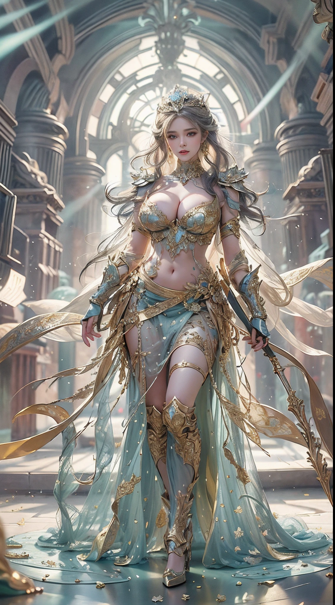 Woman in a golden transparent dress,view the viewer,(((Huge breasts, Large cleavage))),Slim waist,(navel baring,Bare waist), Long hair, Ultra-detailed details,High-end Zhenyi station, Rainstorm site, detailed fantasy art, Stunning character art, Beautiful and exquisite character art, Beautiful gold and silver armor, Extremely detailed, Girl in shiny armor, Exquisite tiaras and jewelry,Crystal jewelry filigree, milky ways, Stunning visuals, (dynamic streaks, light tracks:1.2), Vibrant colors,