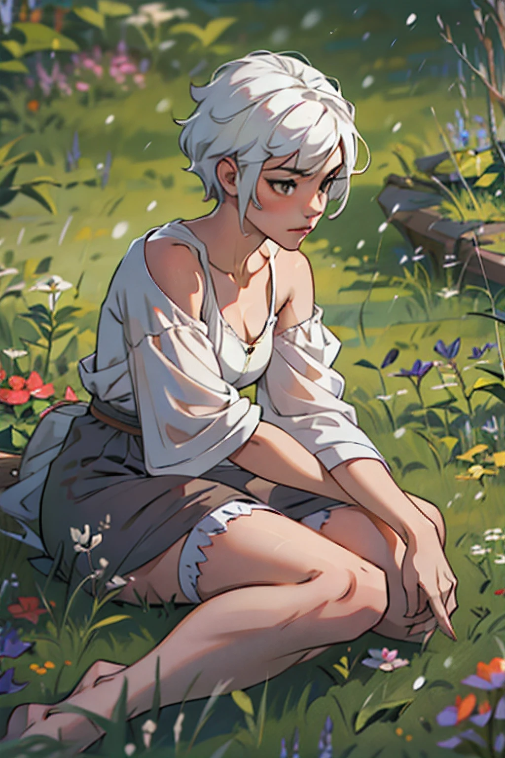 ((beautiful female character)), short snow white hair, sitting on the grass, lean body, feminine curves.