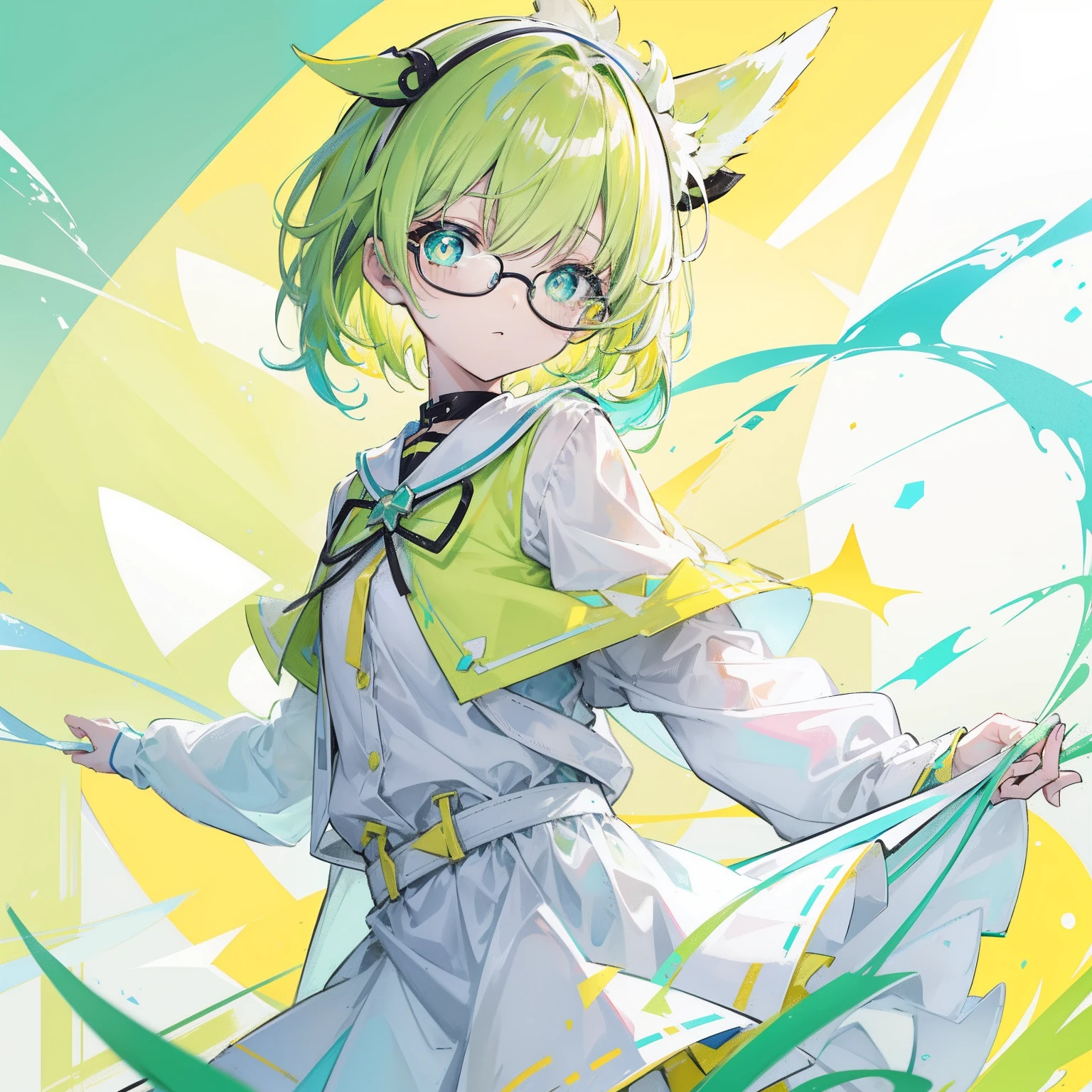 pastel green，short yellow hair，Fluorescent milky white，Blue-yellow pupils，Black thin-rimmed glasses，Yellow, Green and white clothes，Super nice looking, Especially cute and cute childish loli