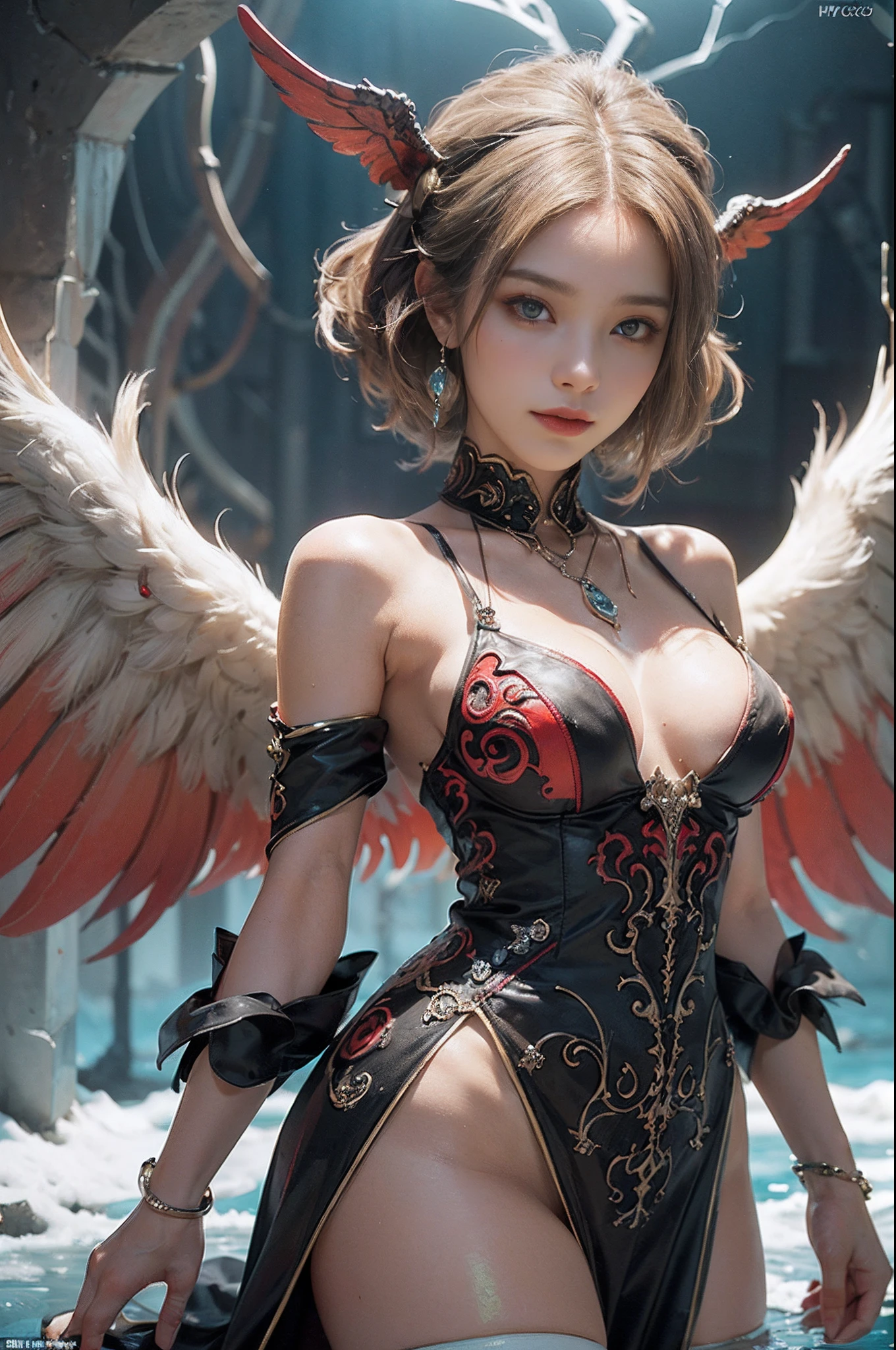 (number々Award-winning masterpieces of, with incredible detail, textures and maximum detail), (full-body standing image:1.8), (Hyper realistic:1.4), (Upper Body Up:0.3), (Realistic:1.3), (Top quality real texture skins), (fine perfectly symmetrical eyes), (Beautiful face drawn in detail), (Decadent images: 1.5), (Aesthetic image: 1.5), (Lewd and seductive images:1.2), ((medieval world)), ((The Lord's Black Devil)), ((The Lord's White Devil)), (icy look in the eye), (She has a mischievous smile on her face), (Eyes that glow red in the dark:1.5), (Many demons dancing in the background), (Dramatic light), (A majestic sight), (Her countenance is gentle and beautiful, however、Somehow horrible), ((Large wings with feathers behind shoulders)), (Folded wings), Glass earrings on the ears, (full-body standing image:1.8), (((dramatic photography))), (Twilight), (Sunset), (Dusk), (Seduction poses), (dramatic pose), (Golden hair), (Silver hair), (Chestnut hair), short cut hair, ((full-length portrait)), ((looks up)), ((Looking down)), (Around her neck is a simple necklace of exquisite workmanship), (Swirling flames), (Swirling lightning), (Swirling ice and snow), (full-body standing image:1.8), Old ruins infested with plants, great temple, great cathedral, temple ruins, detached temple, Luminous magic circle, Ruins of an ancient castle, Deserted ruins, crumbling ruins, Ancient ruins with clear water, wavelets, flowingwater, Shining majestic cloud masses and sky, lightning bolt, Epic Realistic, ((Neutral colors)), (nffsw:1.5), (Muted colors:1.2), Hyper Detailed, Cinematic, Warm lights, Dramatic light, (Intricate details:1.1), Complex background,