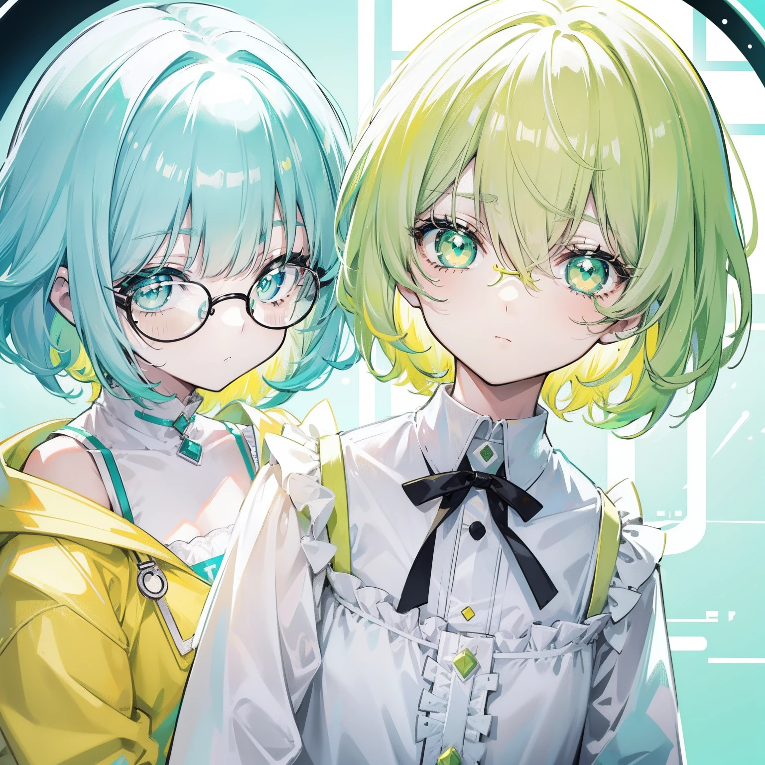 pastel green,short yellow hair,Fluorescent milky white,Blue-yellow pupils,Black thin-rimmed glasses,Yellow, Green and white clothes,Super nice looking, Especially cute and cute childish loli