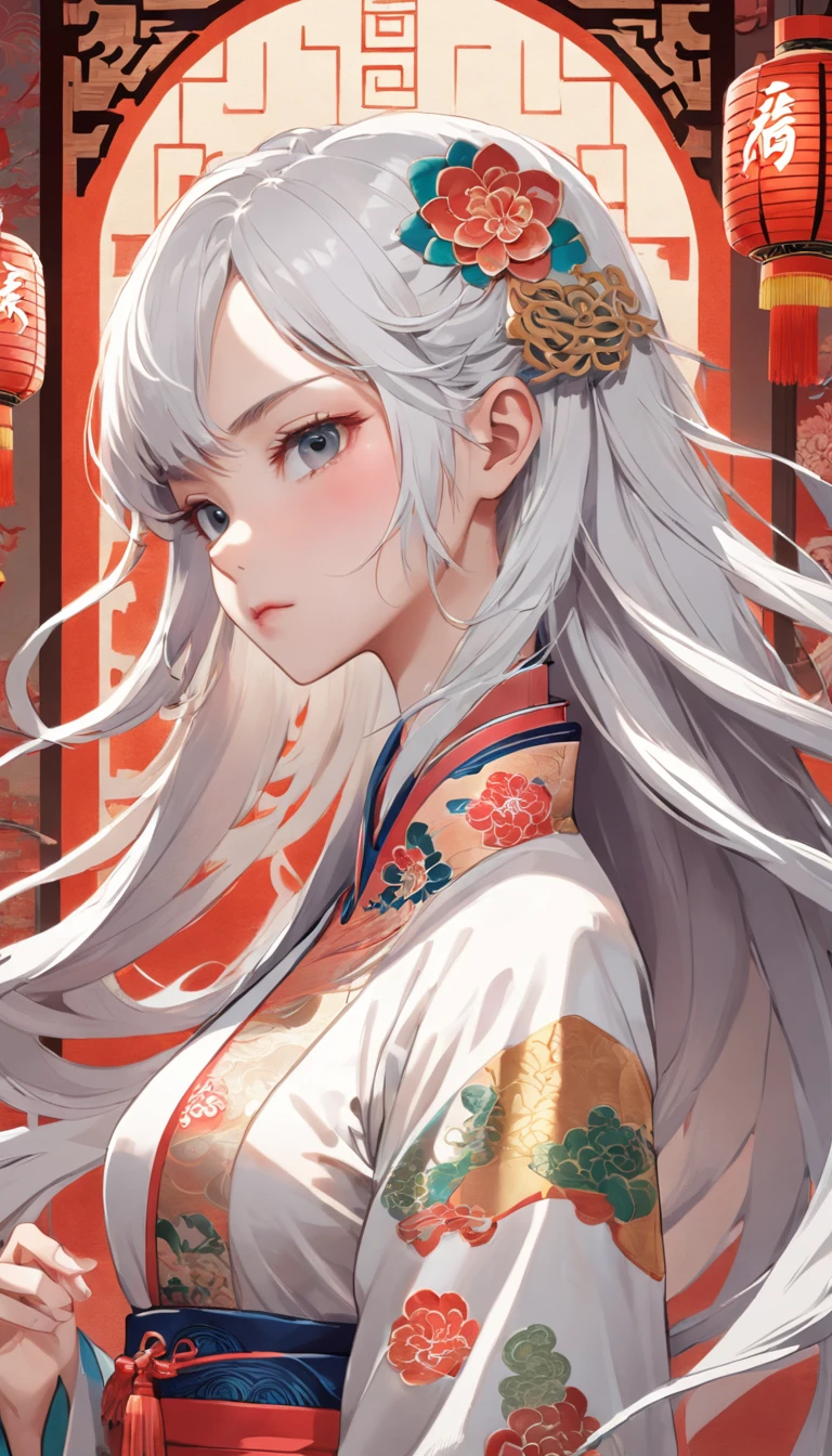 Royal Sister,Cold and glamorous,Raised sexy,on cheongsam,Embroidery,(1boys,White color hair,closeup cleavage, colorfull long hair, Oriental elements),(Super refined,Chinese illustration:1.3,paper art:1.3, Quilted paper art:1.2),( reasonable design, Clear lines, High sharpness,Best quality, Very detailed, Masterpiece, movie light effect, 4K )