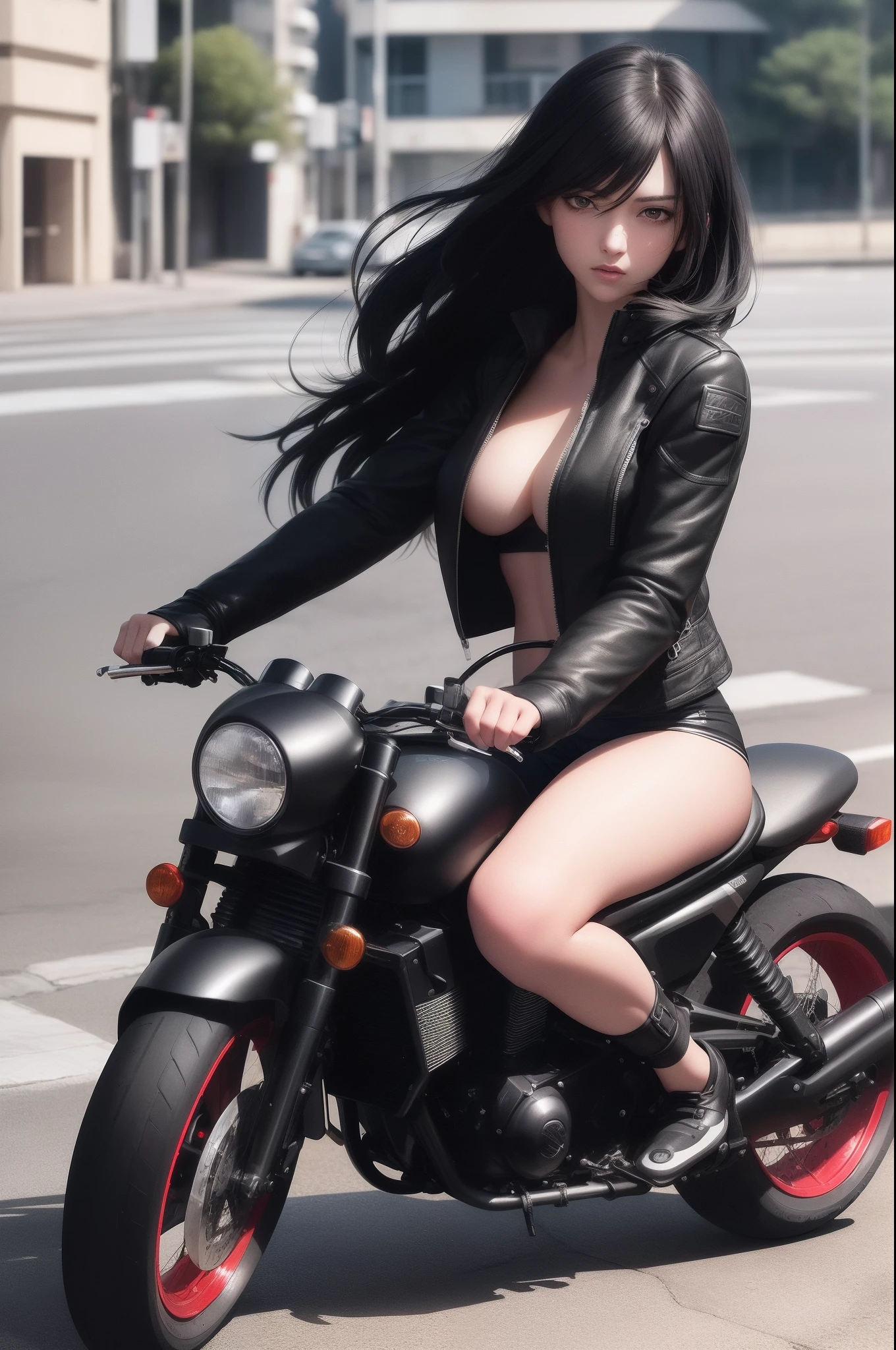 1girl, beautiful girl, Body Length 150 cm, 20 years old, (black hair, Rebel Hairstyle) , (Red eyes), realistic eyes, beautiful and sharp eyes), masculine clothing, Biker clothing, medium breasts, (8k wallpaper), (Street wallpaper) 8k, high quilty, realistic, beautiful realistic, Cool details, raw photo, realistic clothing, black hair, realistic hair, realistic eyes, Light and cool lighting, photo realistic, Cel shaded, Gel lighting, ultra details, ((Riding a bike on the street)), (in the morning)