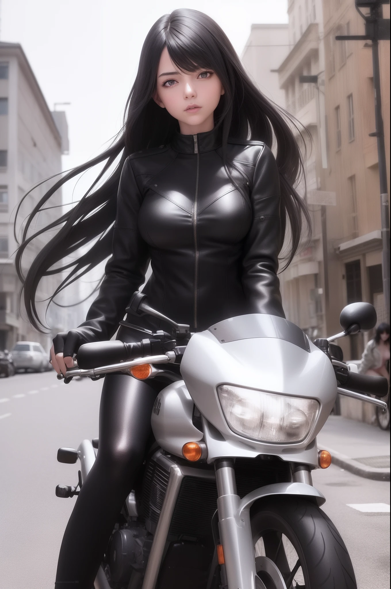1girl, beautiful girl, Body Length 150 cm, 20 years old, (black hair, Rebel Hairstyle) , (Red eyes), realistic eyes, beautiful and sharp eyes), masculine clothing, Biker clothing, medium breasts, (8k wallpaper), (Street wallpaper) 8k, high quilty, realistic, beautiful realistic, Cool details, raw photo, realistic clothing, black hair, realistic hair, realistic eyes, Light and cool lighting, photo realistic, Cel shaded, Gel lighting, ultra details, ((Riding a bike on the street)), (in the morning)