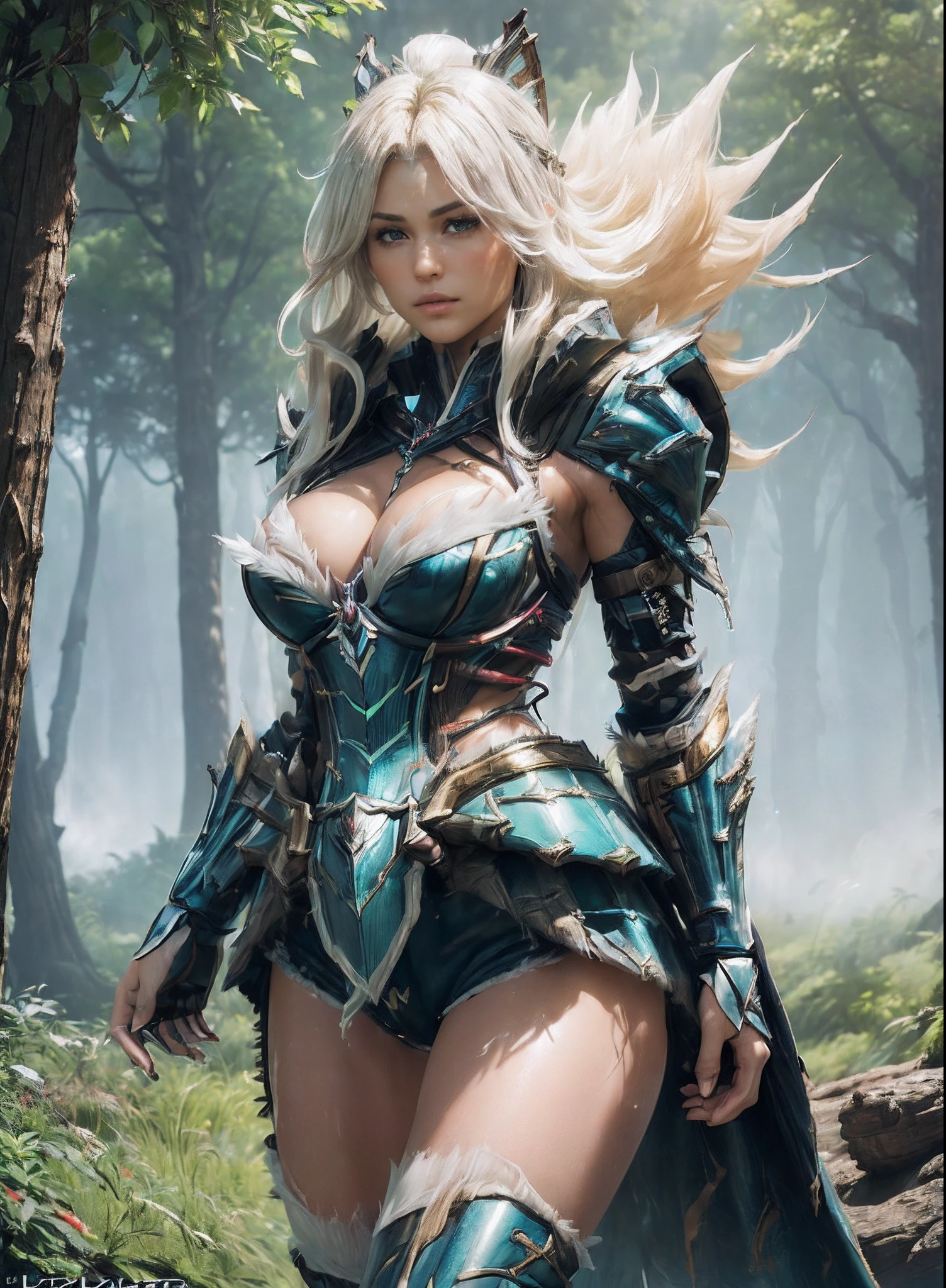 ((((of the highest quality:1.4))),,(unparalleled masterpiece ever), (Ultra high definition), (Ultra-realistic 8K CG), Put your hands on your hips,Beautiful Female Ranger ,Seen from below,, stunningly beautiful face, (muscular body:1.2),Fantasy worldview,(Magical mystical background, Ethereal fog, Faint darkness), The tree々Sunlight in between adds depth to the image ,Highly detailed Nergigante Armor, 8 life-size,, Messy platinum hair:1.2, in woods, Wind-effect, Ultra realistic cover photo awesome full color, (Hyper Detail: 1.2), , Perfect Anatomy, Cinematic,,
