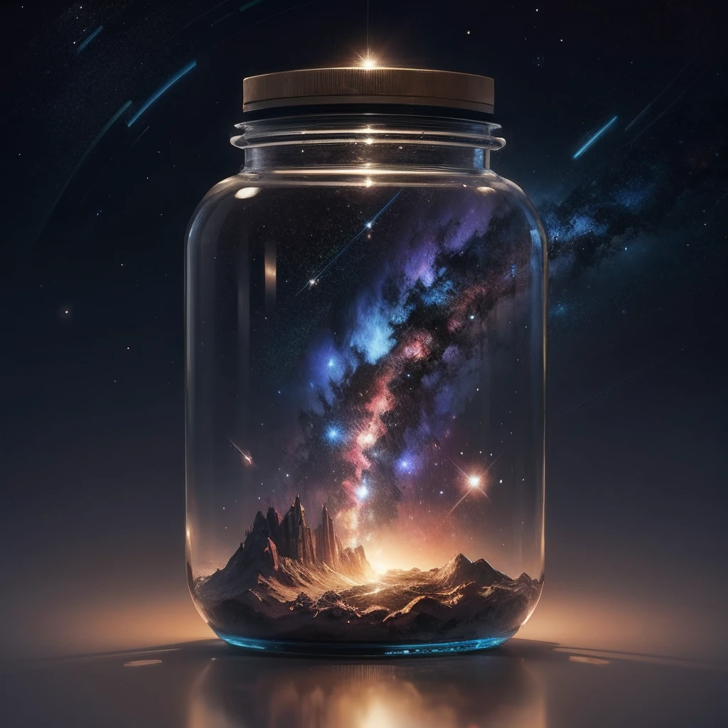 Realistic space scenery,The images are very eye-catching、Must be visually stunning,To the intricate details of the stars,Planets,nebulas,Other colorful elements,masutepiece,8K,Retro style miniature store in a glass container, Digital style incorporating neon lights, kawaii art, Michael Karch, Chaotic shapes, Technical design, Soft Color Blending, Toy-like proportions.