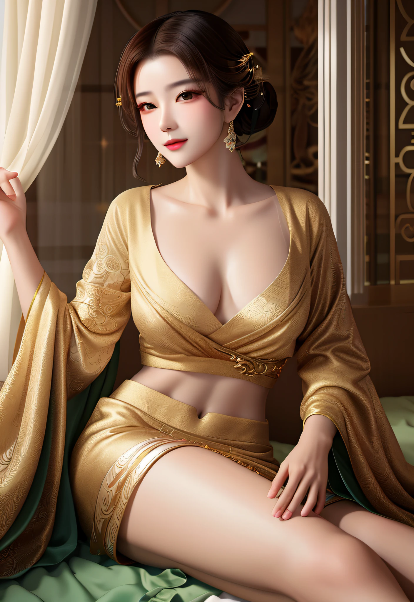 Woman in golden dress sitting on bed, gorgeous chinese models, Beautiful oriental woman, elegant gold body, Beautiful asian woman, Gorgeous woman, Lovely woman, a beautiful fantasy empress, Chinese woman, beautiful Korean women, Chinese girl, Beautiful Asian girl, Korean woman, Beautiful rendering of the Tang Dynasty, Asian woman, glamorous and sexy geisha
