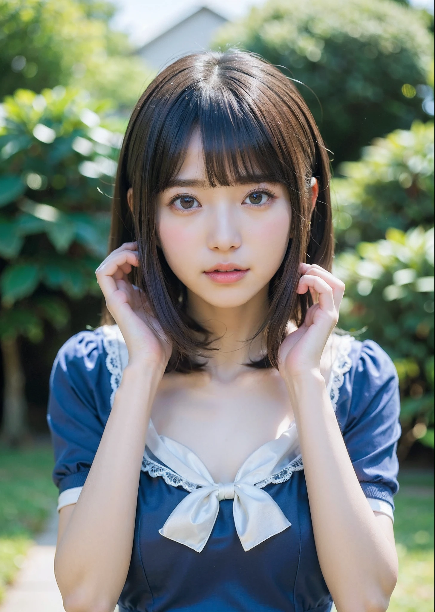 A young woman stands in front of a metal gate, Chiho, neat hair With bangs, motto hole, with short hair, Narumi Kakinouchi, sakimi chan, With bangs, Ayaka, shikamimi, harumi, cute hairstyle