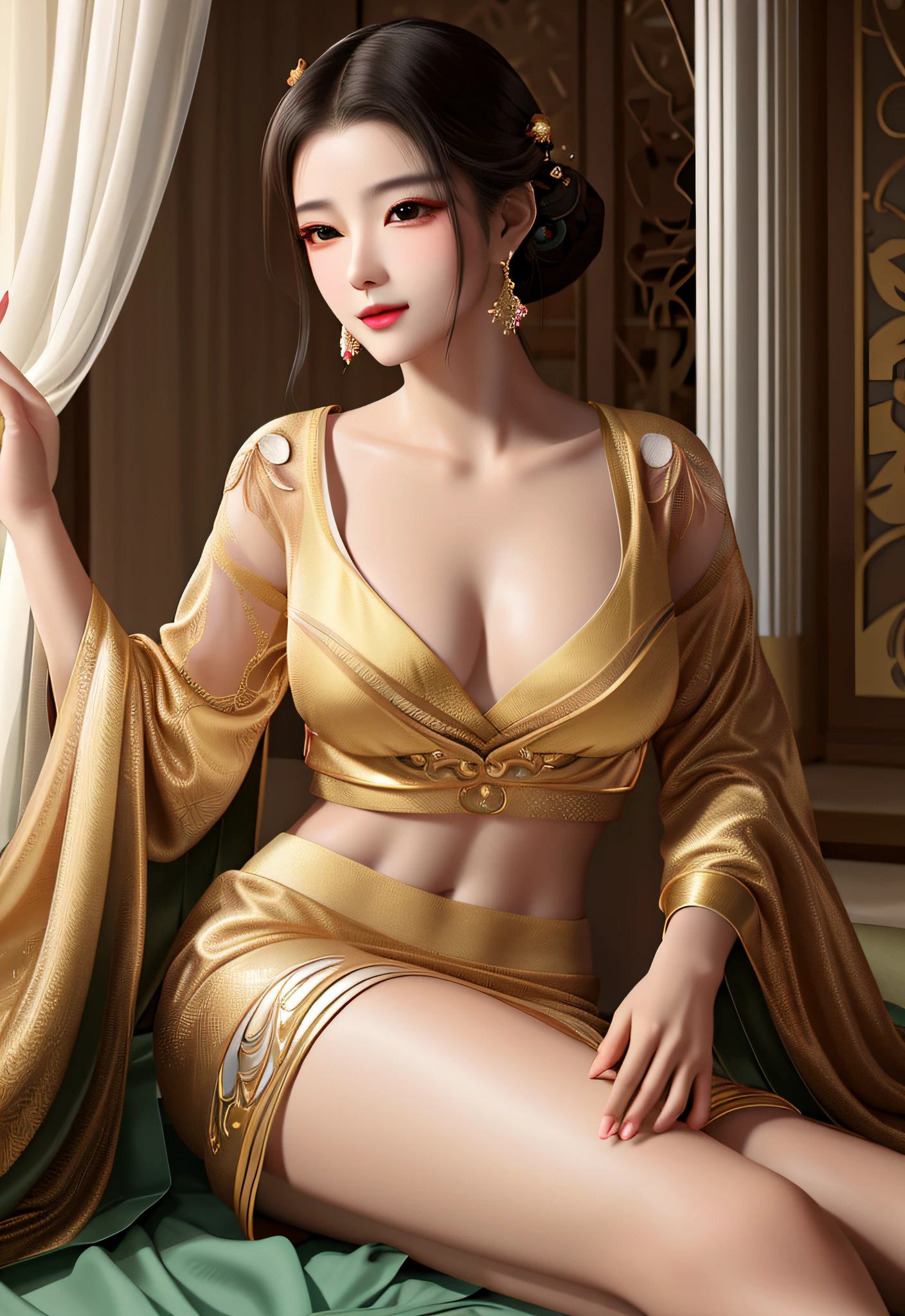Woman in golden dress sitting on bed, gorgeous chinese models, Beautiful oriental woman, elegant gold body, Beautiful asian woman, Gorgeous woman, Lovely woman, a beautiful fantasy empress, Chinese woman, beautiful Korean women, Chinese girl, Beautiful Asian girl, Korean woman, Beautiful rendering of the Tang Dynasty, Asian woman, glamorous and sexy geisha