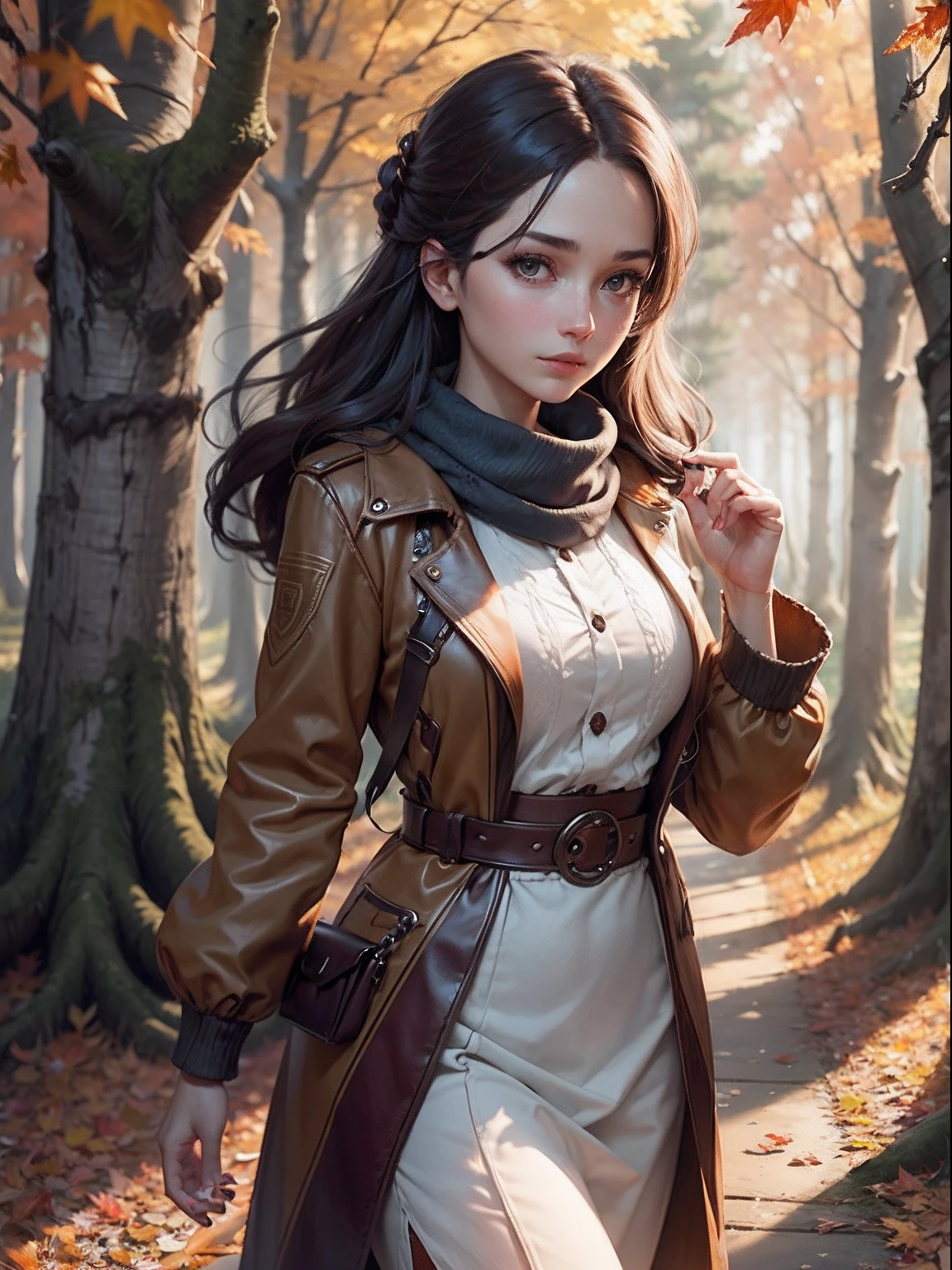 tmasterpiece,Game CG quality,A girl walks in the autumn forest,Close-up,Face the lens,A half body