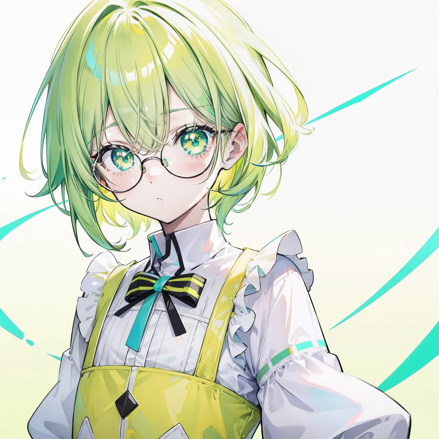 pastel green，short yellow hair，Fluorescent milky white，Blue-yellow pupils，Black thin-rimmed glasses，Yellow, Green and white clothes，Super nice looking, Especially cute and cute childish loli