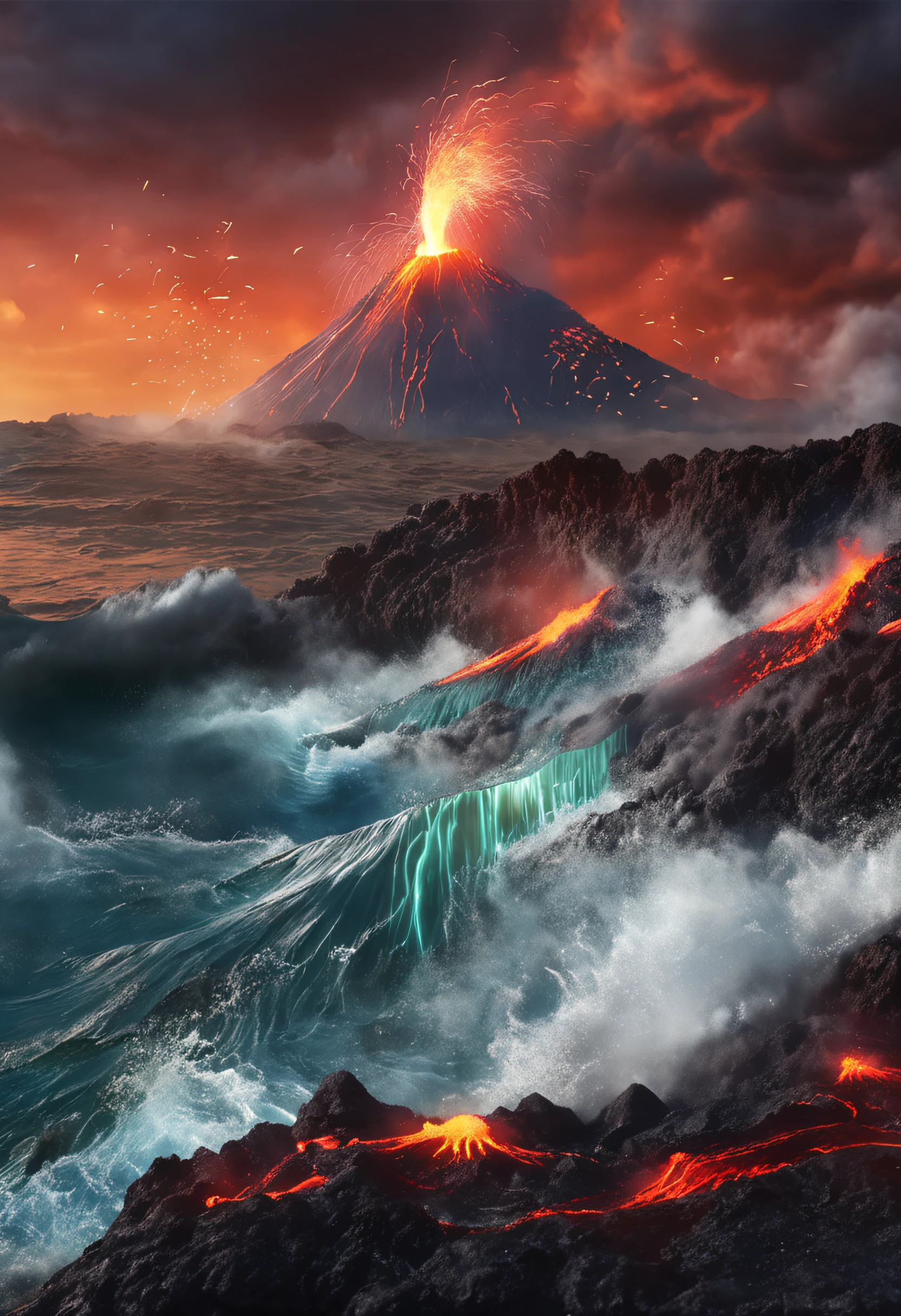 best quality, masterpiece, (photorealistic:1.4), ultra-high resolution, ultra realistic, beach, water, rocks, volcano, big explosion, lava, sunset, sky, cloudy, milky way, shooting star, disaster, horizon, landscape, scenery, from below