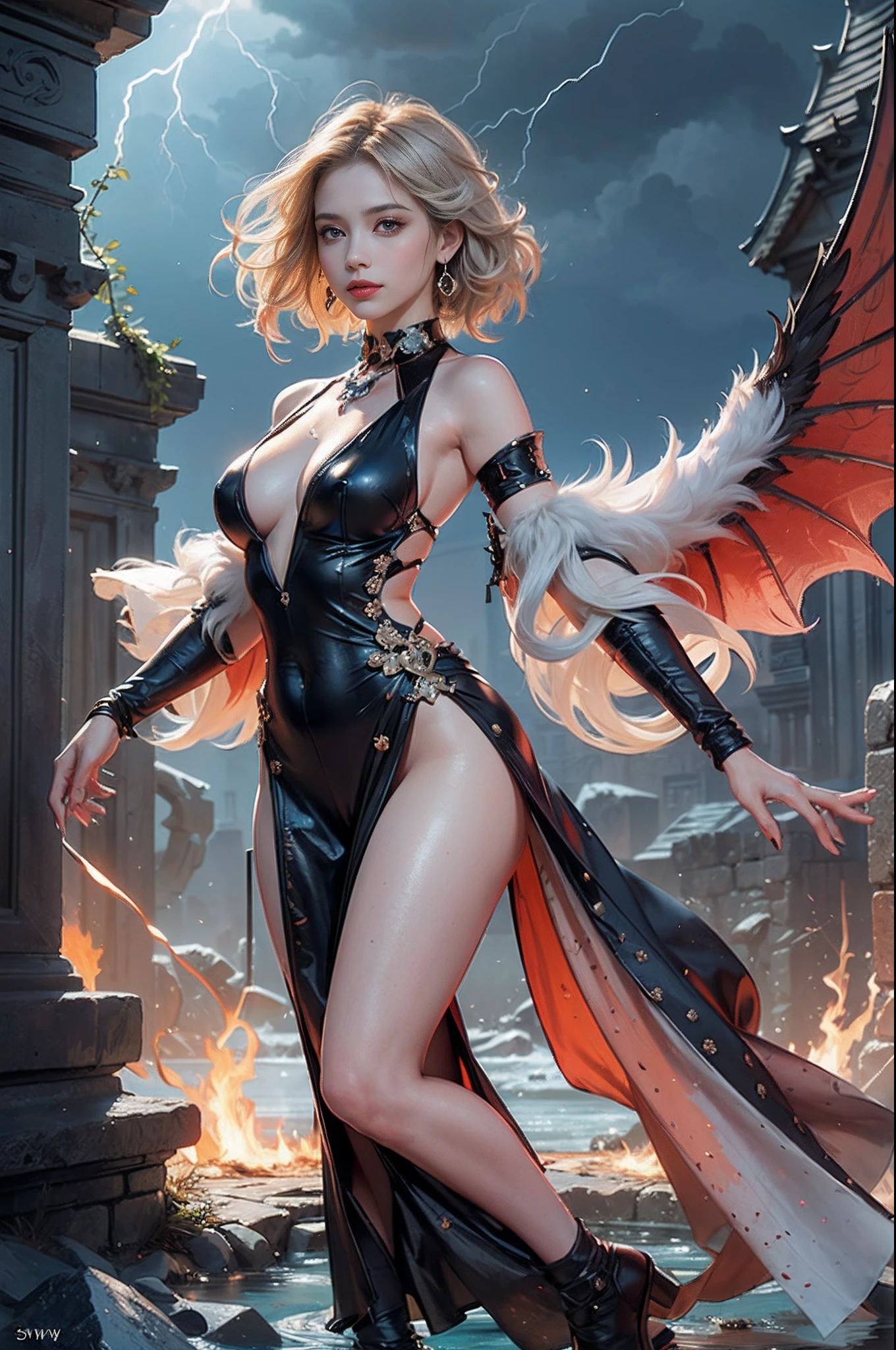 (number々Award-winning masterpieces of, with incredible detail, textures and maximum detail), (full-body standing image:1.8), (Hyper realistic:1.4), (Upper Body Up:0.3), (Realistic:1.3), (Top quality real texture skins), (Fine perfectly symmetrical eyes), (Beautiful face drawn in detail), (Decadent images: 1.5), (Aesthetic image: 1.5), (Lewd and seductive images:1.2), ((medieval world)), ((The Lord's Black Devil)), ((The Lord's White Devil)), (icy look in the eye), (She has a mischievous smile on her face), (Eyes that glow red in the dark:1.5), (Many demons dancing in the background), (Dramatic light), (A majestic sight), (Her countenance is gentle and beautiful, however、Somehow horrible), ((Large wings with feathers behind shoulders)), (Folded wings), Glass earrings on the ears, (full-body standing image:1.8), (((dramatic photography))), (Twilight), (Sunset), (Dusk), (Seduction poses), (dramatic pose), (Golden hair), (Silver hair), (Chestnut hair), short cut hair, ((full-length portrait)), ((looks up)), ((Looking down)), (Around her neck is a simple necklace of exquisite workmanship), (Swirling flames), (Swirling lightning), (Swirling ice and snow), (full-body standing image:1.8), Old ruins infested with plants, great temple, great cathedral, temple ruins, detached temple, Luminous magic circle, Ruins of an ancient castle, Deserted ruins, crumbling ruins, Ancient ruins with clear water, wavelets, flowingwater, Shining majestic cloud masses and sky, lightning bolt, Epic Realistic, ((Neutral colors)), (nffsw:1.5), (Muted colors:1.2), Hyper Detailed, Cinematic, Warm lights, Dramatic light, (Intricate details:1.1), Complex background,