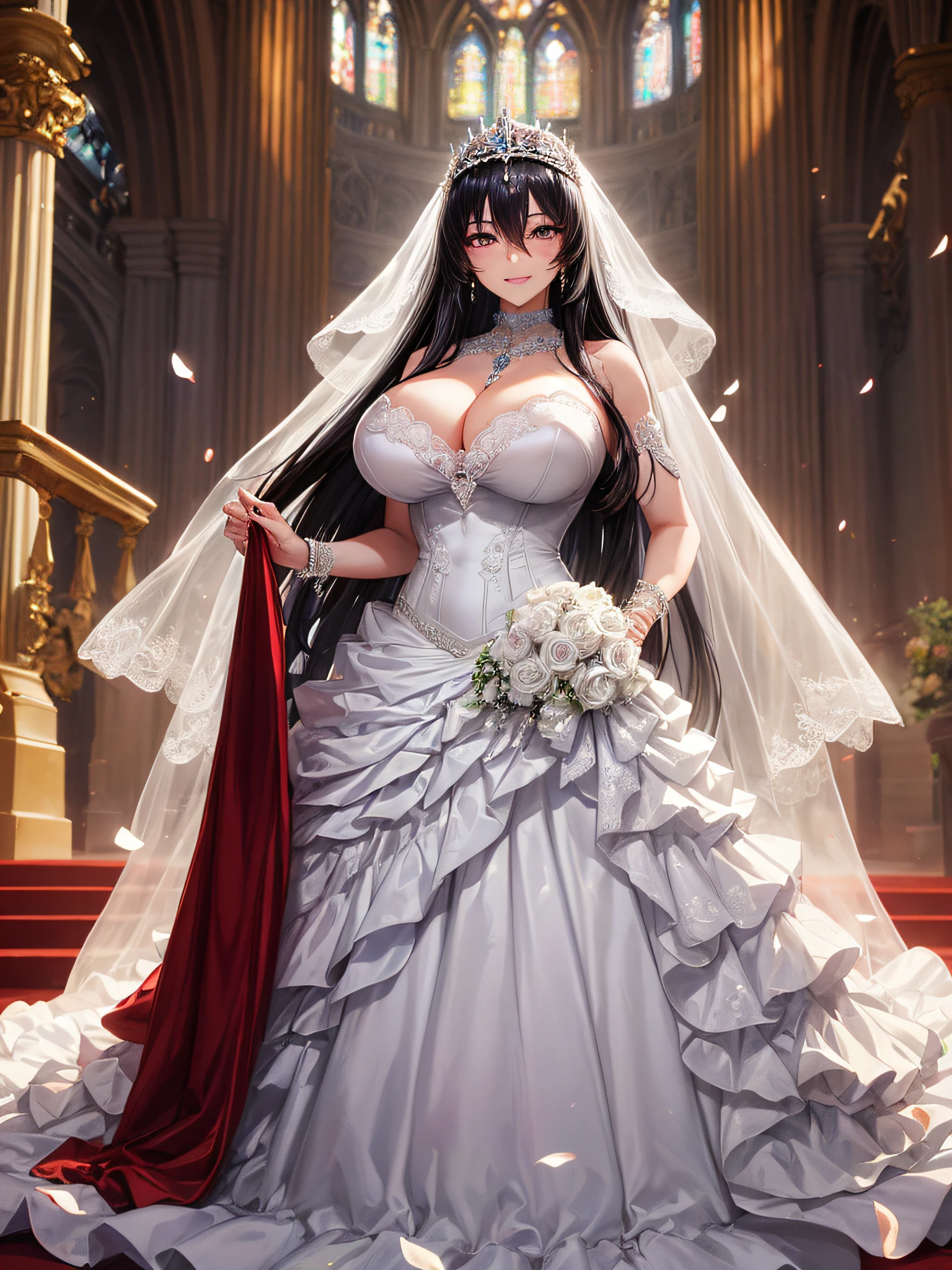 ((anime moe artstyle)),(Masterpiece,Best Quality,Super Detail:1.2),digital art,((Solo)),full body,(((1 arrogant queen wearing gorgeous jeweled white ballgown wedding dress with voluminous crinoline hoop skirt))),(gorgeous embroidery and beautiful lace),voluminous frills,((very gigantic boobs,cleavage,skindentation)),jewel-like eyes,(((haughty smile))),((arrogant facial expression,haughty facial expression)),Sharp eyes,Purple eyes,(Beautiful detailed face and eyes),((shiny hair,Bangs between eyes,voluminous straight hair,extremely Long straight Hair)),black hair,luxury hair ornament,extremely gorgeousfull jeweled tiara,long train,((bling-bling gorgeous gemstone jewelry)),long wedding veil,full body,standing in the sacred church,white lily flowers,flower petals flowing,light particles,Sacred Light,((gorgeous jeweled white ballgown wedding dress with voluminous crinoline hoop skirt))