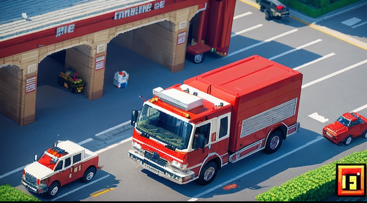 pixel game，scenography，fire truck， Pixel art #pixelart