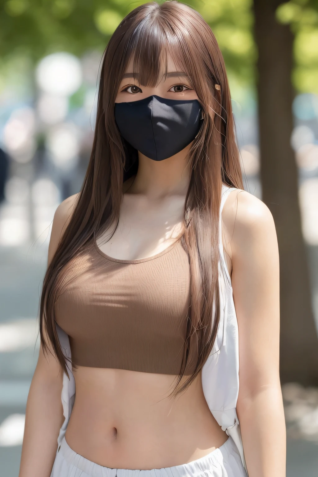 1girl, young female, photo, realistic, best quality, hires, detailed face, long hair, untied hair, detailed background, diffused sunlight, depth of field, Tokyo City, Asian Female, wearing face mask, brown hair, brown eyes, midriff, bangs