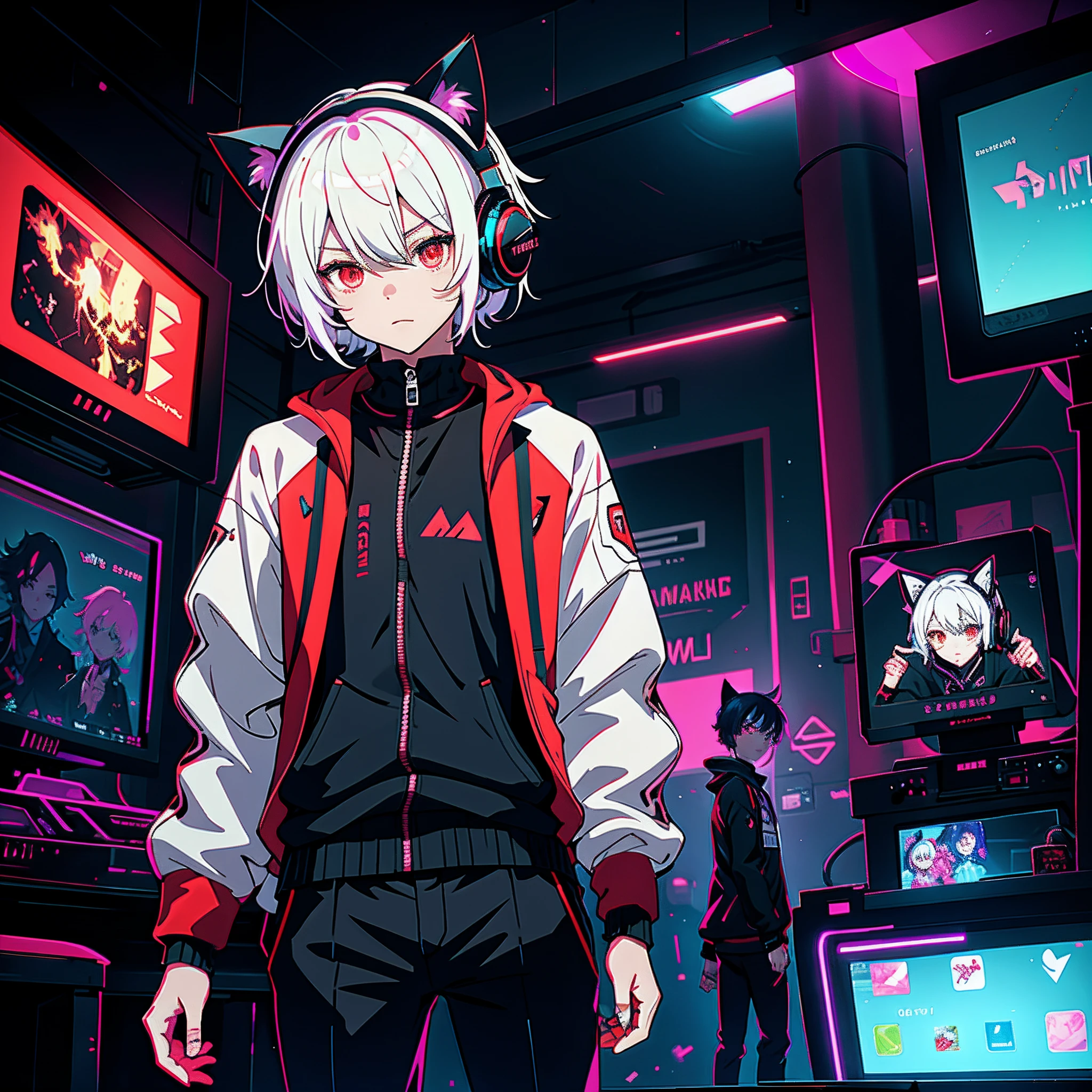 （tmasterpiece）lovely boy，Cat ears，，with short white hair，black and red jacket，shorter pants，Stars on the pupils，Anime inspiration，Darkroom with illuminated screen，immersiveatmosphere，Gaming devices，Futuristic technology，A fascinating digital world，Neon flashing arcade game，Vivid and contrasting colors，Vivid and animated characters，Soft shadows and cell shadows，Immersive and detailed scenery，Game idol and fantasy character， Game boy wearing headphones，Dynamic and playful pose。