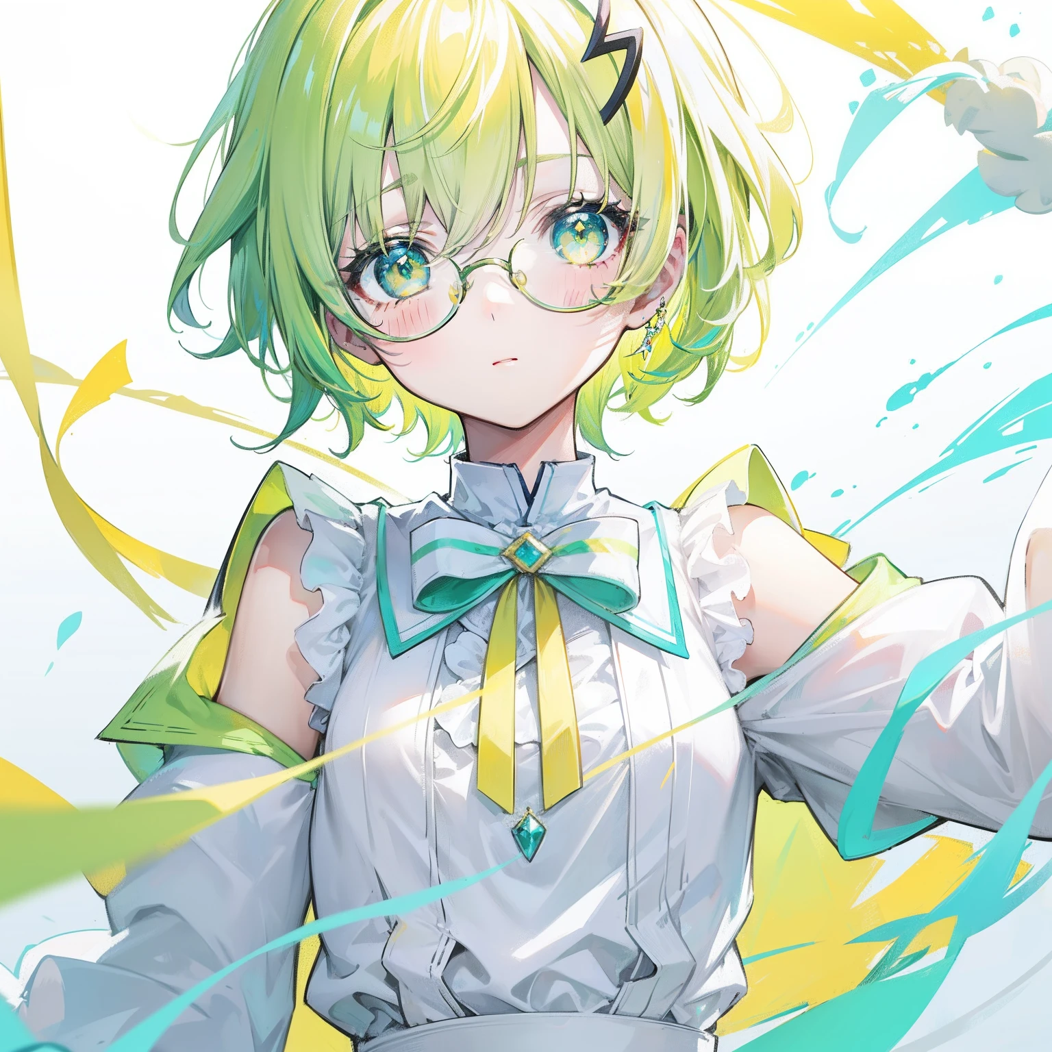 pastel green,short yellow hair,Fluorescent milky white,Blue-yellow pupils,Black thin-rimmed glasses,Yellow, Green and white clothes,Super nice looking, Especially cute and cute ish loli