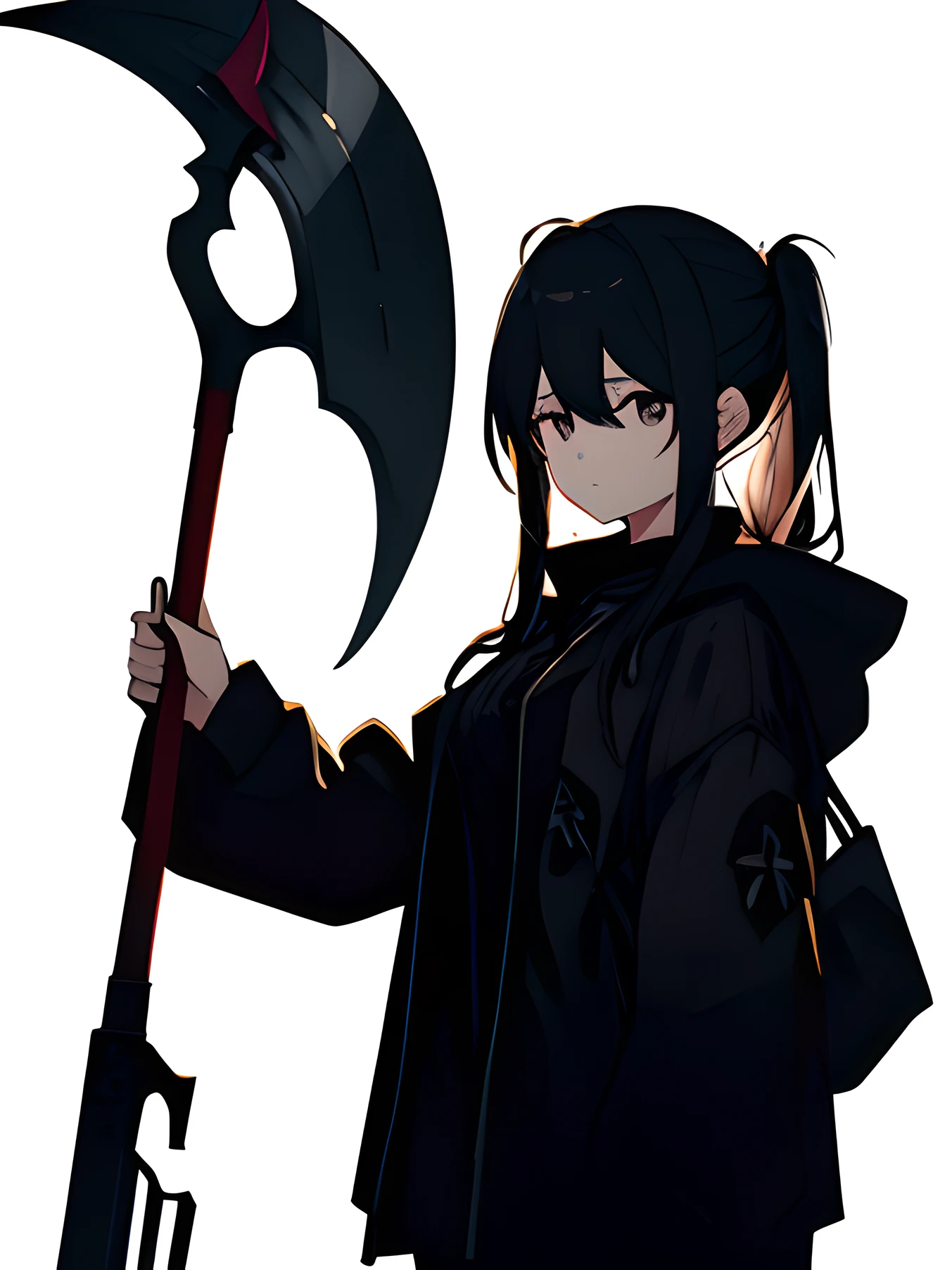 (A 20-year-old girl:1.6)(The expression is grim:1.4)(Holding a huge black scythe in his hand:1.5)