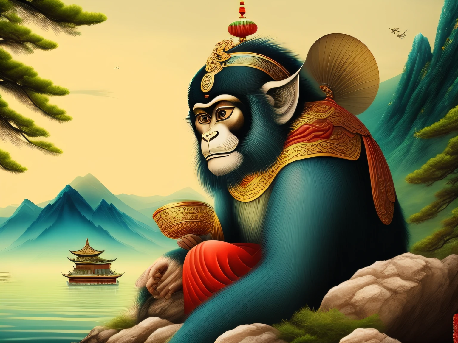 Chinese mythology and stories，Inspired by the classics of the mountains and the sea，A monkey has four ears