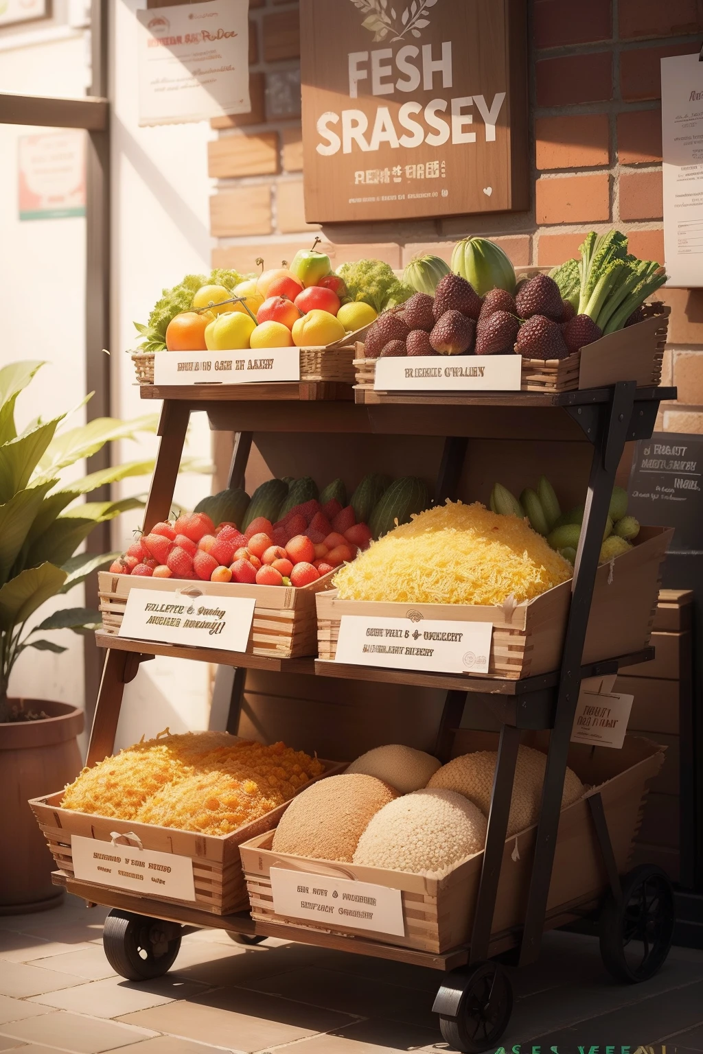 Anniversary poster,Fresh and lovely fruits and vegetables,Golden ripe rice,Flour with an attractive aroma,Apply with sweet grease,Colorful and healthy grains,Shop Name:Fresh in all seasons,Serve you with heart!Random one-year store celebrations,Heartfelt wishes!