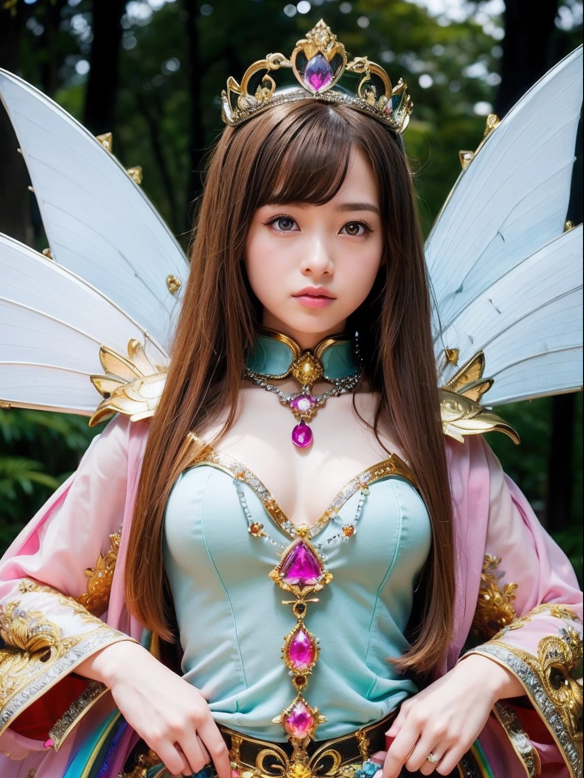 Professional , ​masterpiece、top-quality、photos realistic , depth of fields （Gemstone Silver Metal Body:1.９),(Matte White Pink、Jewel Gold Weapon、（Gorgeous castle background）、（ultimate beauty girl）、（Rainbow fairy wings grow）、Particles of light、（Metal body of iridescent gemstones:1.９),Gorgeous Jewel Metal Weapons , Detailed Sword of the Brave ,（ a blond）    , adepta sororitas,Detail and ornate jewel crown、独奏、Brown hair、Mystical expression、（Gangle's forest background）、Beautiful Caucasian beauty、１a person、dynamic ungle,(((Diamond tiara with detail and luxury)))、a small face、Beautiful poses、（Gorgeous castle background）、huge filesize、Beautiful girl 、Stand in the center of the screen、Thin female fingers、Straight long hair、Beautiful Caucasian beauty、（maikurobikini）、Hair fluttering in the wind、face forwards、Look at viewers、（Armpit）、Armpit、