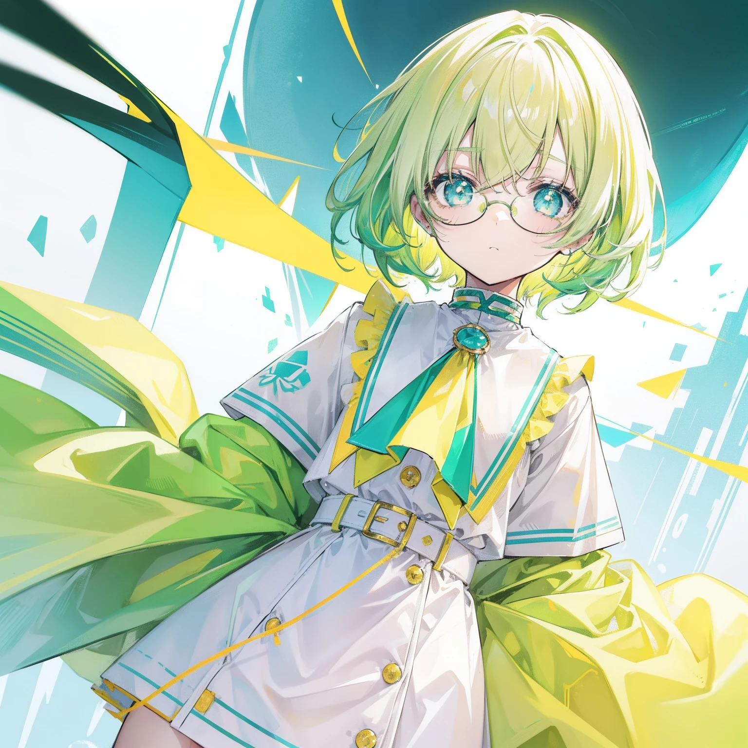 pastel green,short yellow hair,Fluorescent milky white,Blue-yellow pupils,Black thin-rimmed glasses,Yellow, Green and white clothes,Super nice looking, Especially cute and cute childish loli