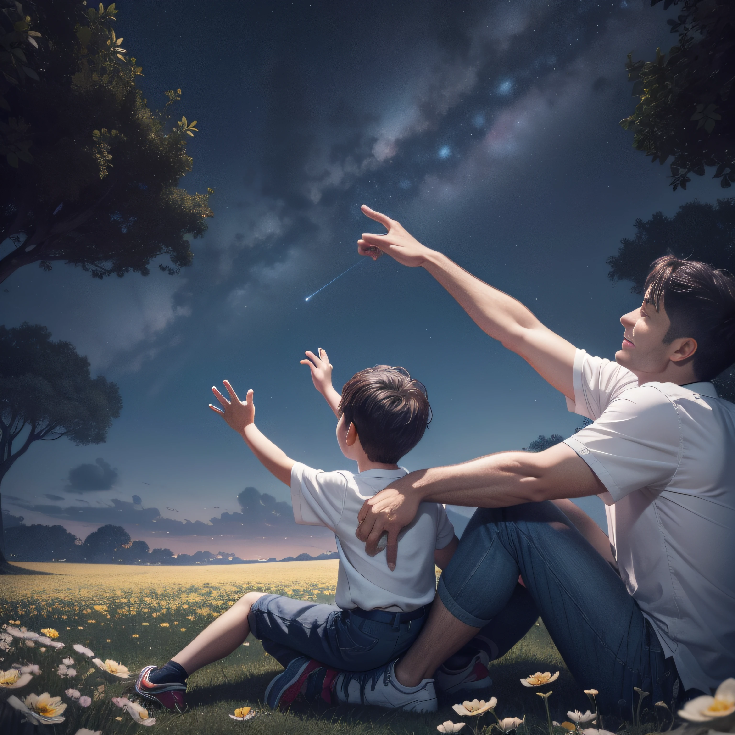 Father and son sitting on the ground watching the starry sky in the midst of nature ezuberantam many trees and flowers, Father Points to Heaven, They're smiling and talking, ultra-realista, Arte Digital, 8k, unreal engine render 8