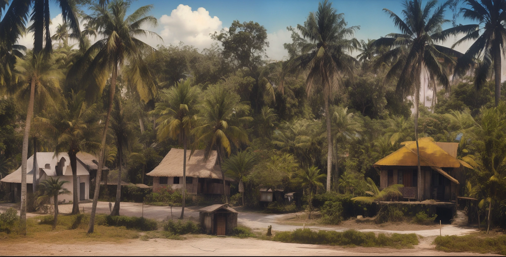 arafed houses in a tropical area with palm trees, colored-historical photo, masterpiece, 12k resolution, high-definition