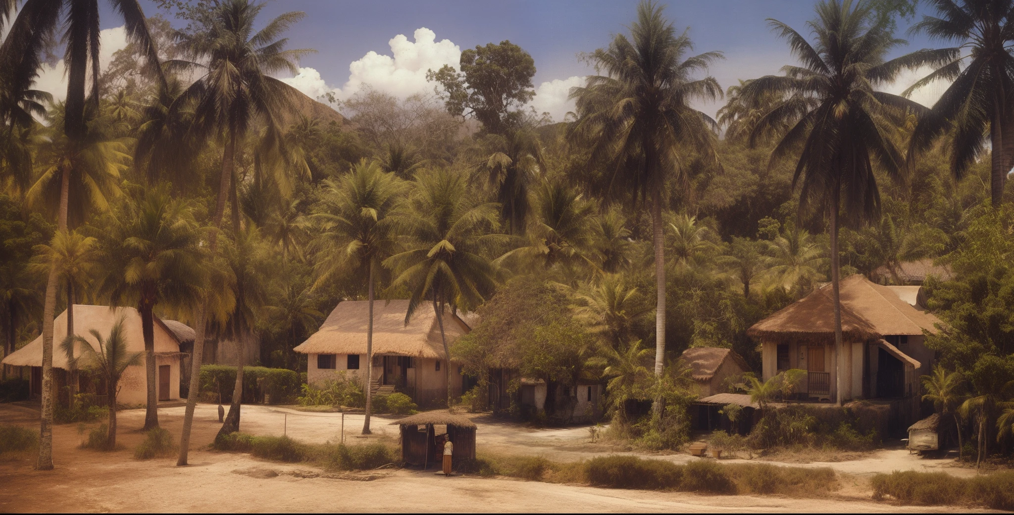arafed houses in a tropical area with palm trees, colored-historical photo, masterpiece, 12k resolution, high-definition