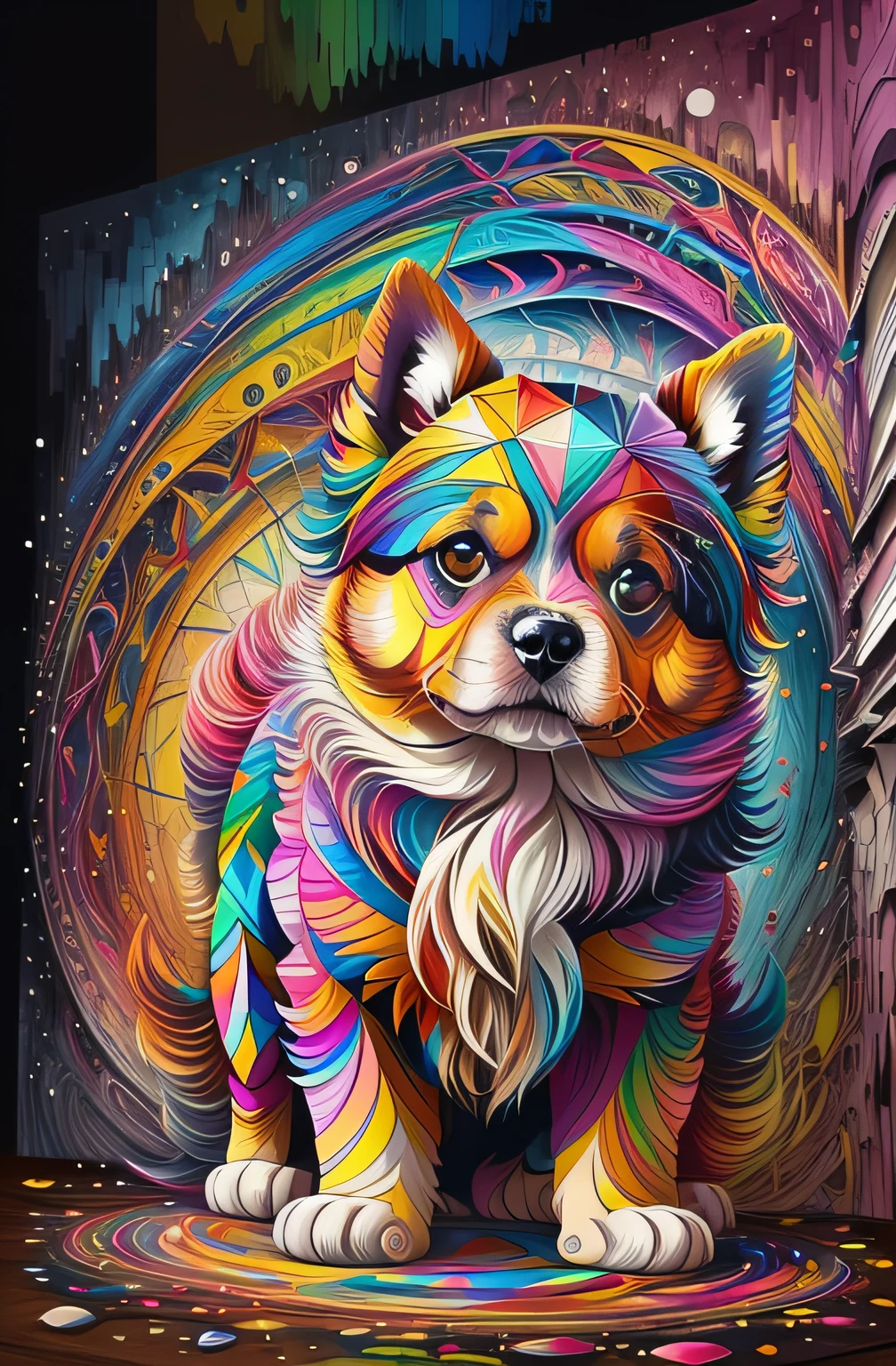(cachorro pastor belga ),(melhor pose),(best angle), (better expression), Eduardo Kobra acolchoamento ,multidimensional geometric wall PORTRAIT, arte, Chibi,
Yang08k, lindo, Colouring,
Primary works, qualidade superior, melhor qualidade, Arte Oficial, Beautiful and Aesthetic, pelos coloridos,drooping ears
