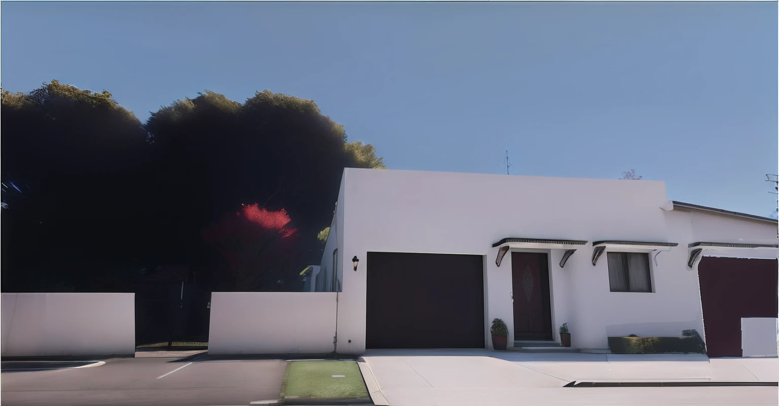 There is a white building with a red flower on the front, [ Fotorrealismo 4K ], ((gta 5 casa screenshot)), em estilo de realismo simplificado, renderizado no lumion pro, Lumion Pro rendering, realism rendering, renderizado em irreal, renderizado no Unreal Engine 6, realista unreal engine 3 d jogo, renderizado em cryengine, Raytracing hiper fotorrealista, ((night ligthning)),