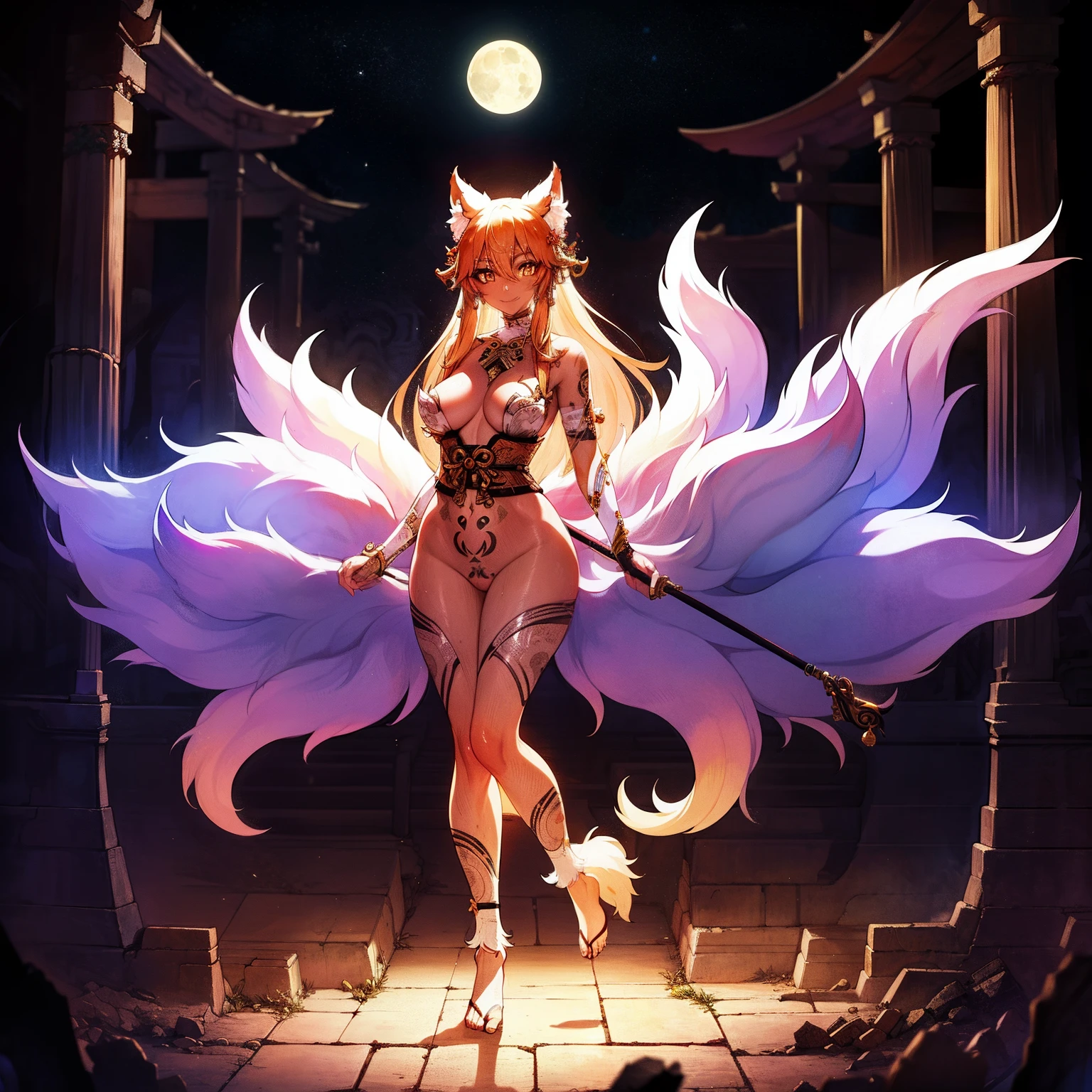 (Masterpiece, high res, detailed), female kitsune guardian of the long abandoned temple, ancient temple, (fox girl), traditional Japanese, (dark skin), intricate tattoos, beautiful face, tall female, elegant, solo, beautiful lighting, moonlight, womb tattoo, (4 fluffy tails), atmospheric, Ancient ruins, cautious smile, magic, nude