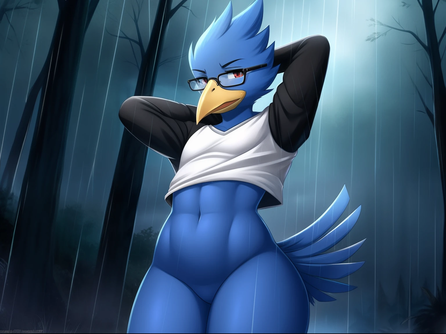 Berdly from Deltarune, professional art made by twistedscarlett60, glasses, 1boy, solo, male, avian, bird, avian tail, bird tail, blue body, blue feathers, feathery, gun, thick thighs, wide hips, frown, raining, sad, oversized thighs, wallpaper, warm lighting, rain, forest, pose, arm up, holding gun, holding weapon, white shirt, short sleeves, bottomless, ass curve, lower body, looking at you, hand on hip, wet